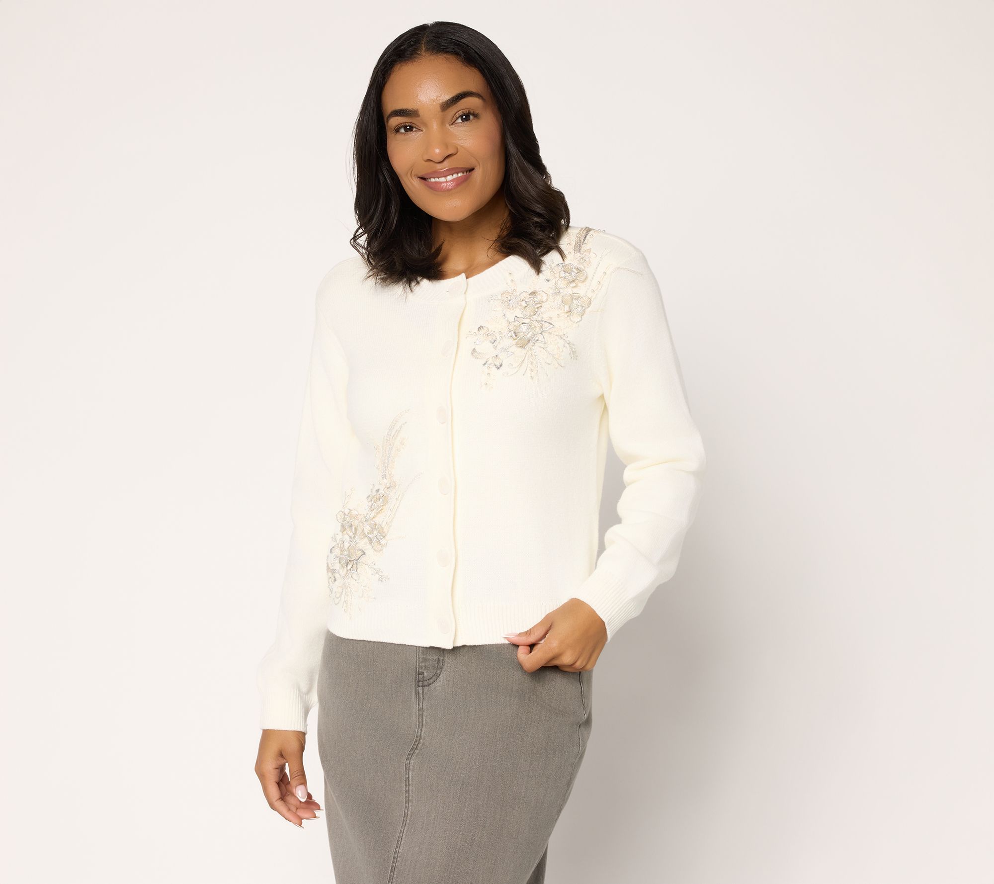 "As Is" Dennis Basso Sweater with Sequin and Faux Pearl Embellishment