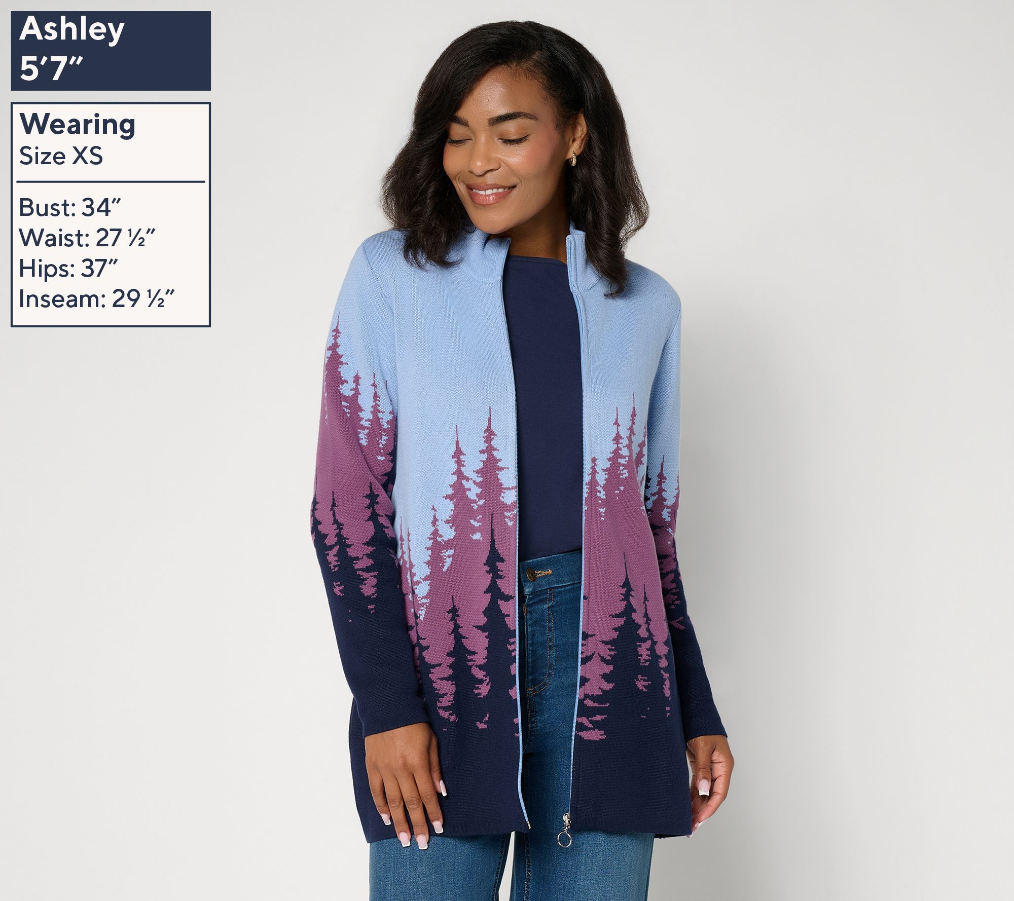 Denim & Co. Petite Zip -Front Scenic Cardigan w/ Stand Collar | QVC