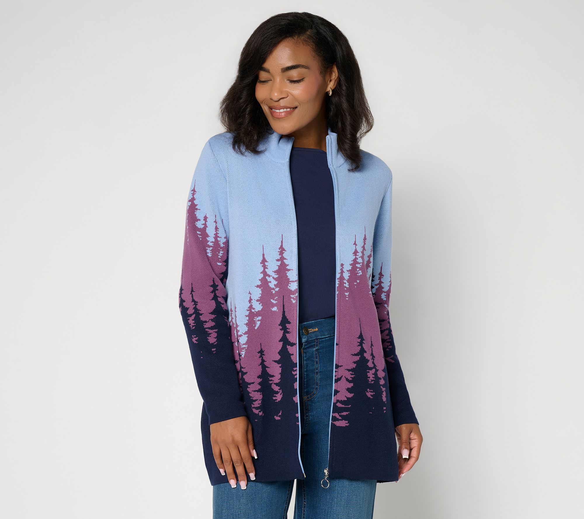 Denim & Co. Petite Zip -Front Scenic Cardigan w/ Stand Collar
