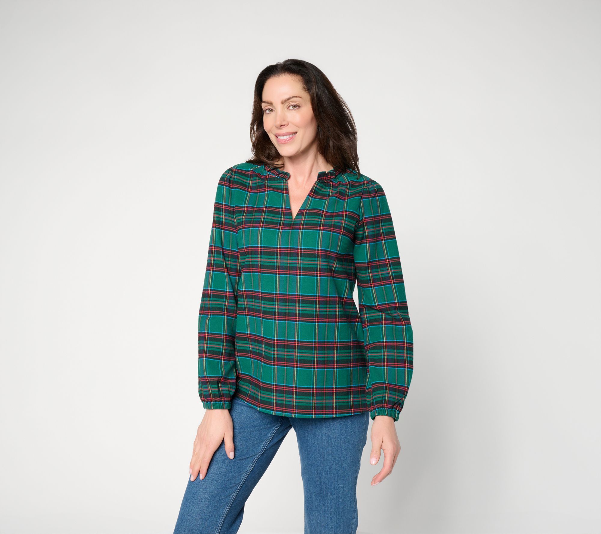  Belle by Kim Gravel Stretch Flannel Tartan Blouse