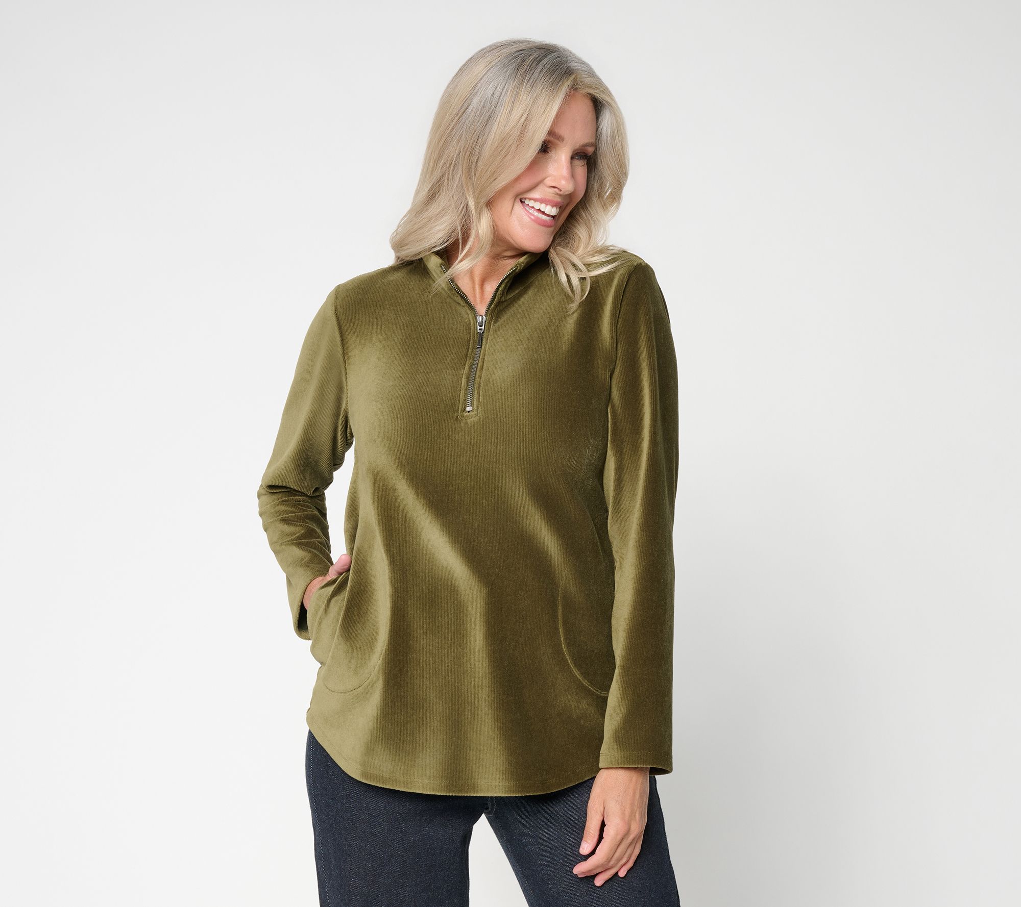  Susan Graver Weekend Knit Corduroy Half Zip Mock Neck Top