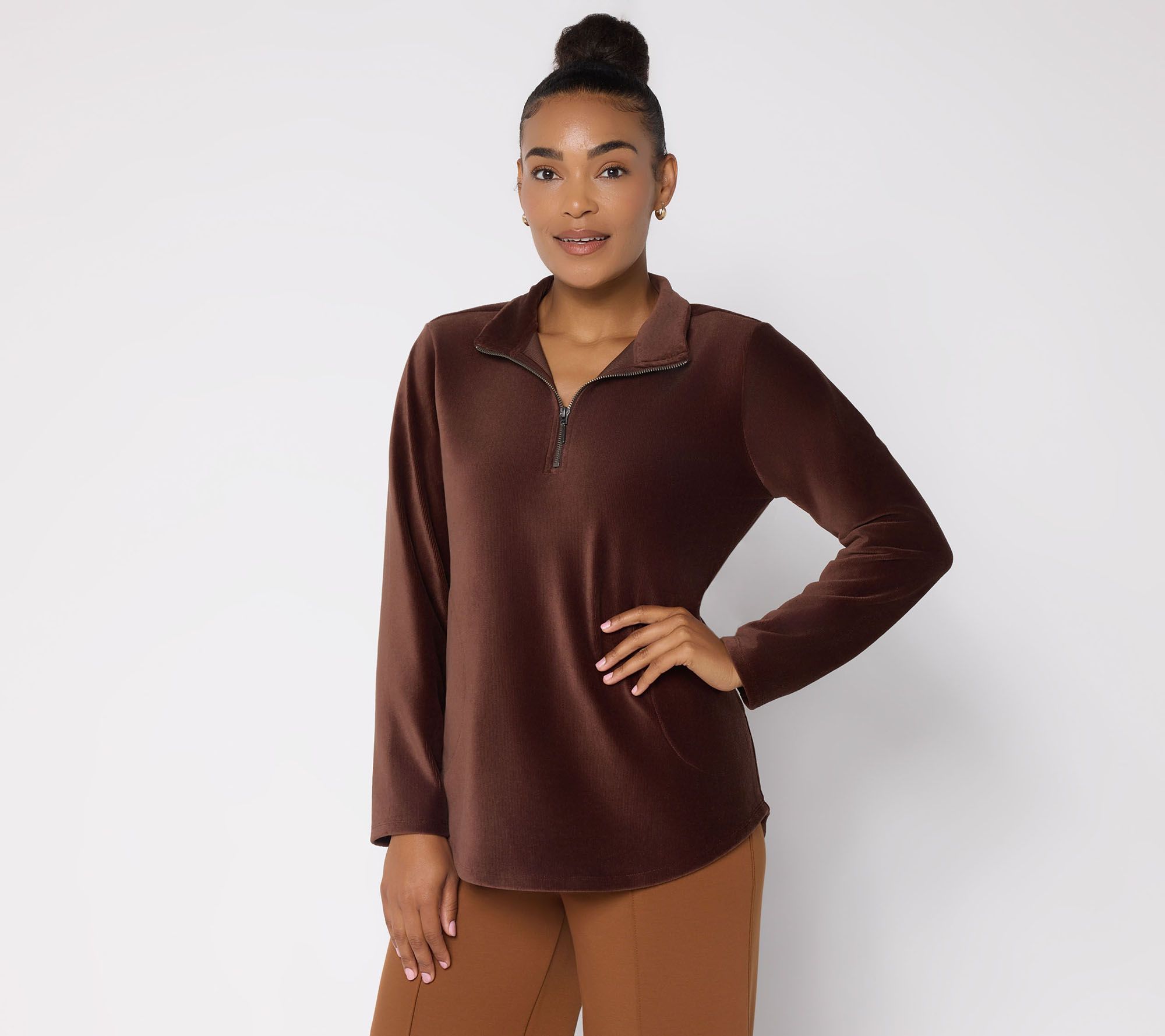 Susan Graver Weekend Knit Corduroy Half Zip Mock Neck Top