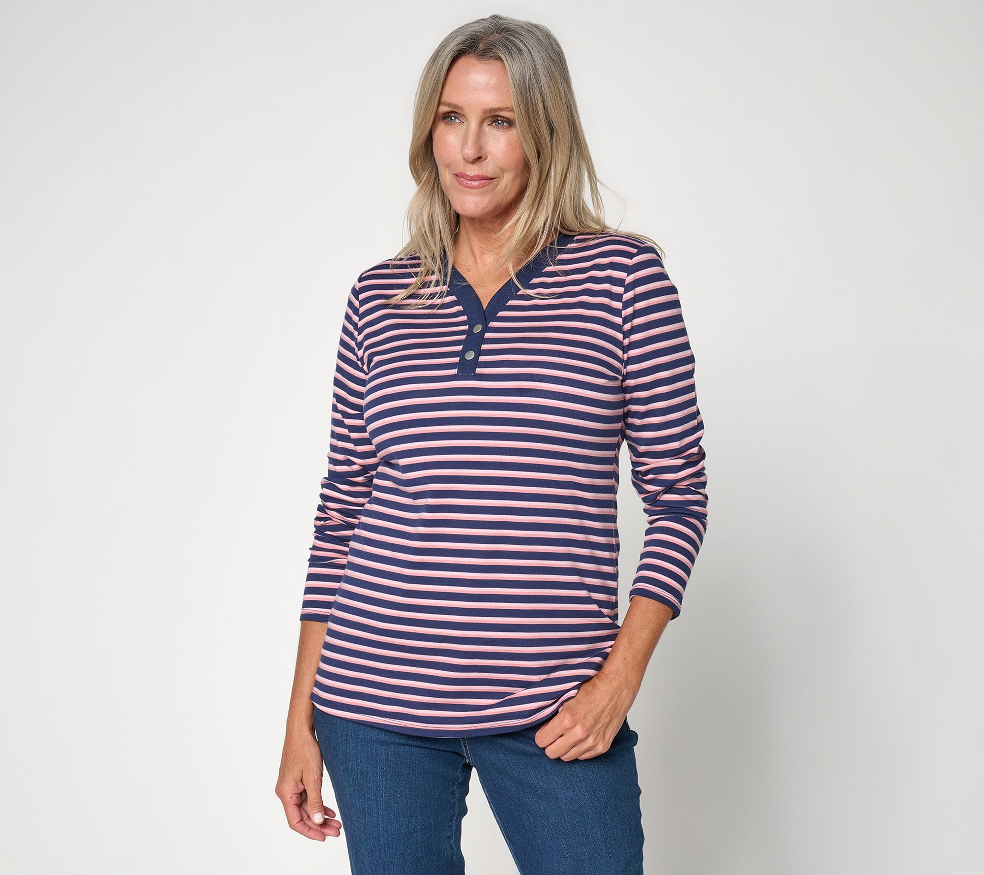 Denim & Co. Favorite Jersey Striped Y-Neck Long Sleeve Top