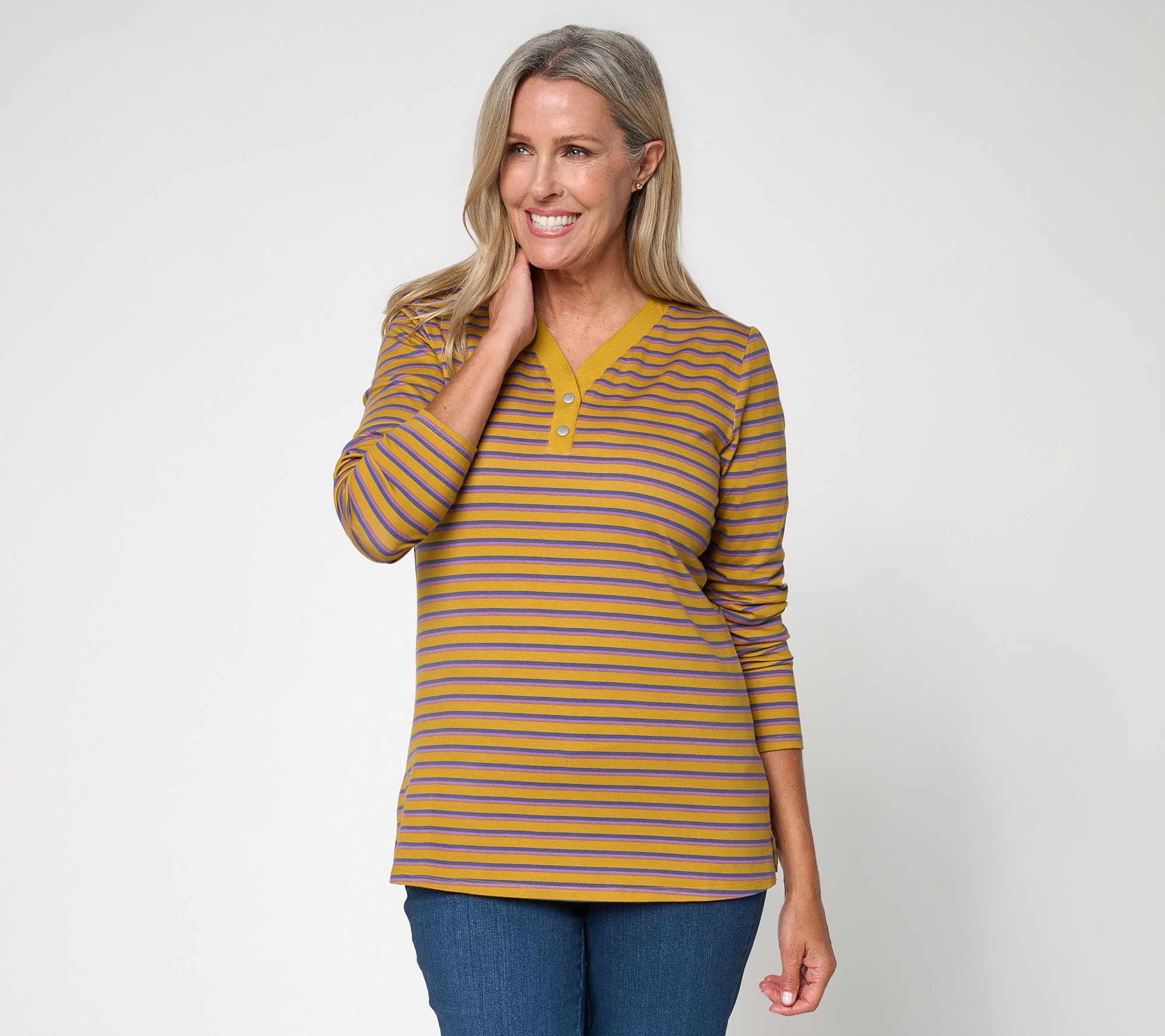 Denim & Co. Favorite Jersey Striped Y-Neck Long Sleeve Top