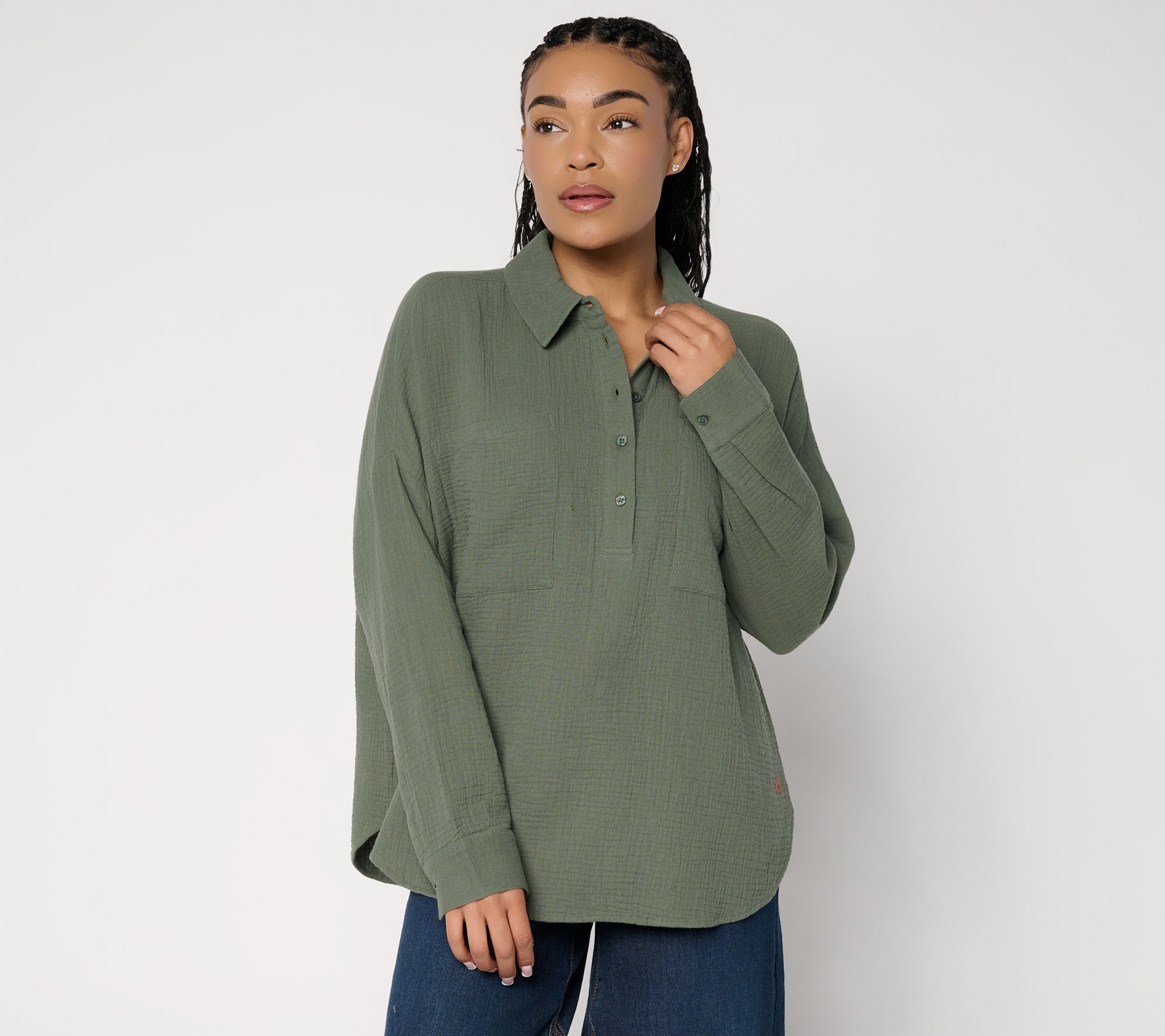 "As Is" Peace Love World Cotton Gauze Long Sleeve Polo Top