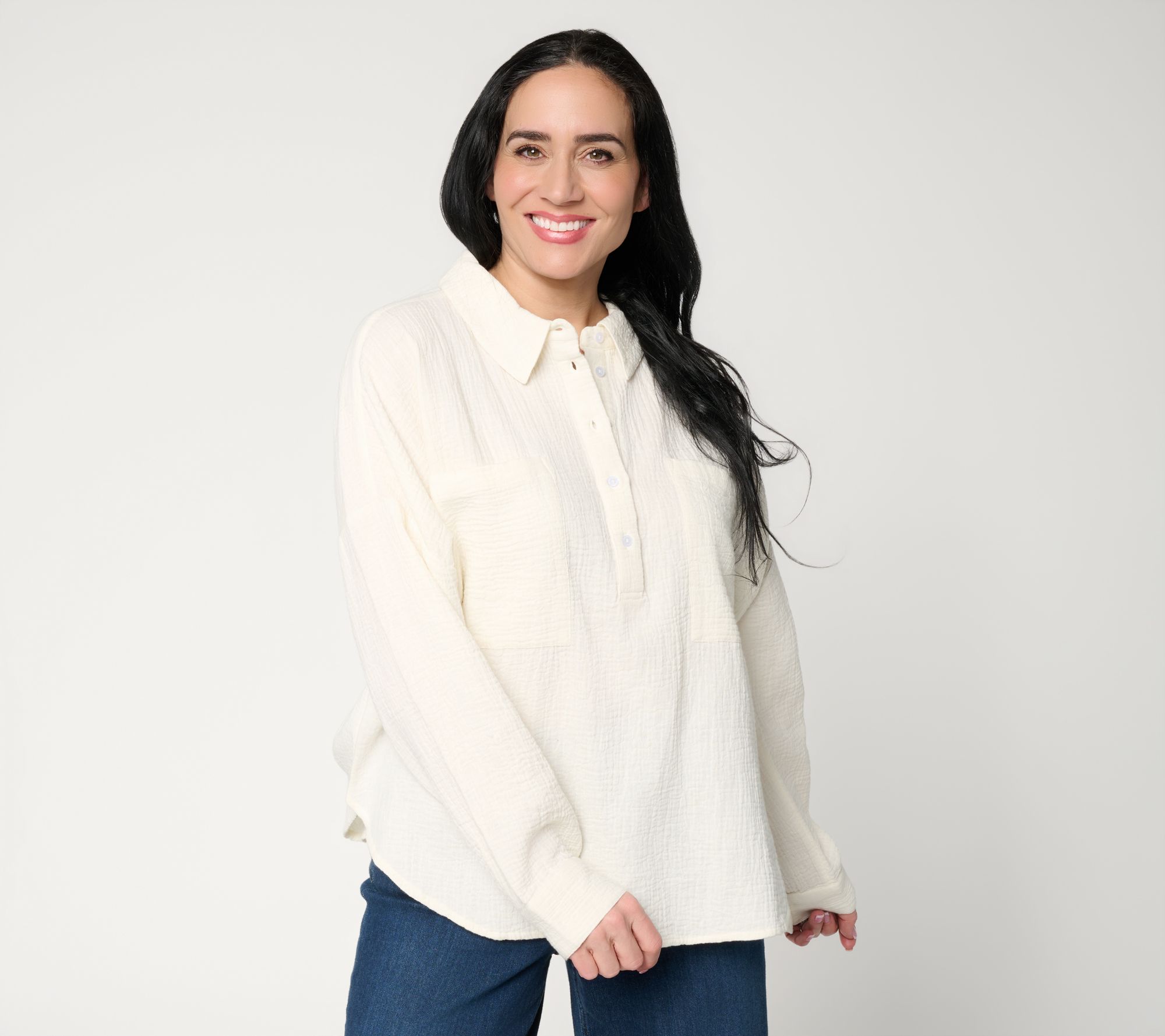 "As Is" Peace Love World Cotton Gauze Long Sleeve Polo Top