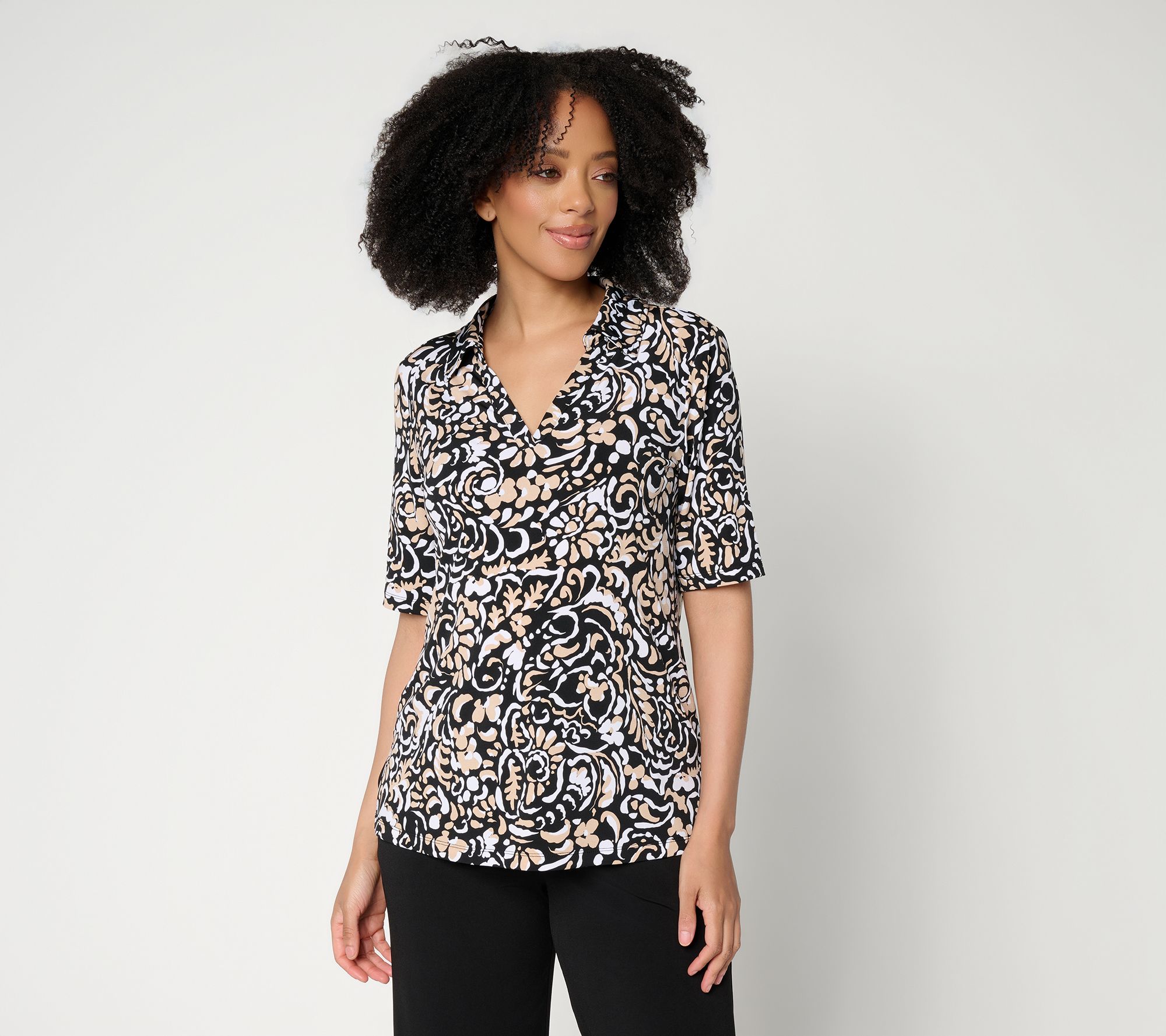 "As Is" Susan Graver Printed Liquid Knit Split Neck Elbow Top
