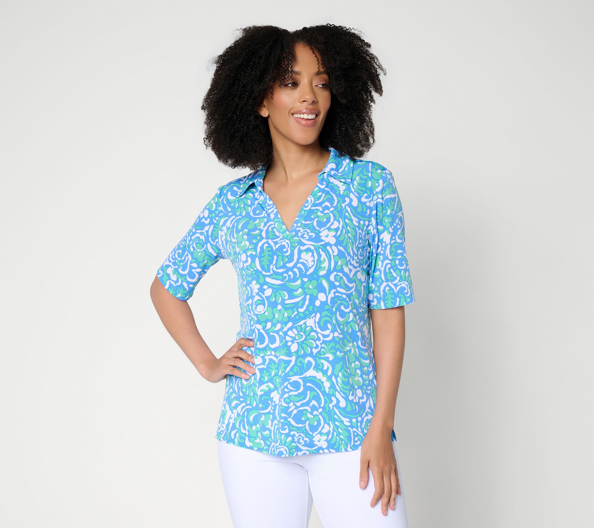 "As Is" Susan Graver Printed Liquid Knit Split Neck Elbow Top