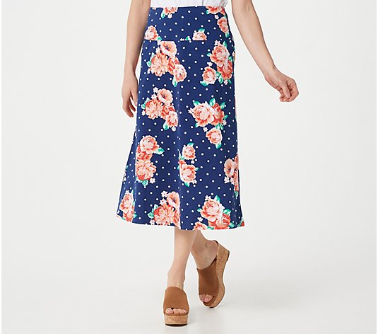 Denim & Co. Printed Jersey Midi Skirt with Wide Waistband