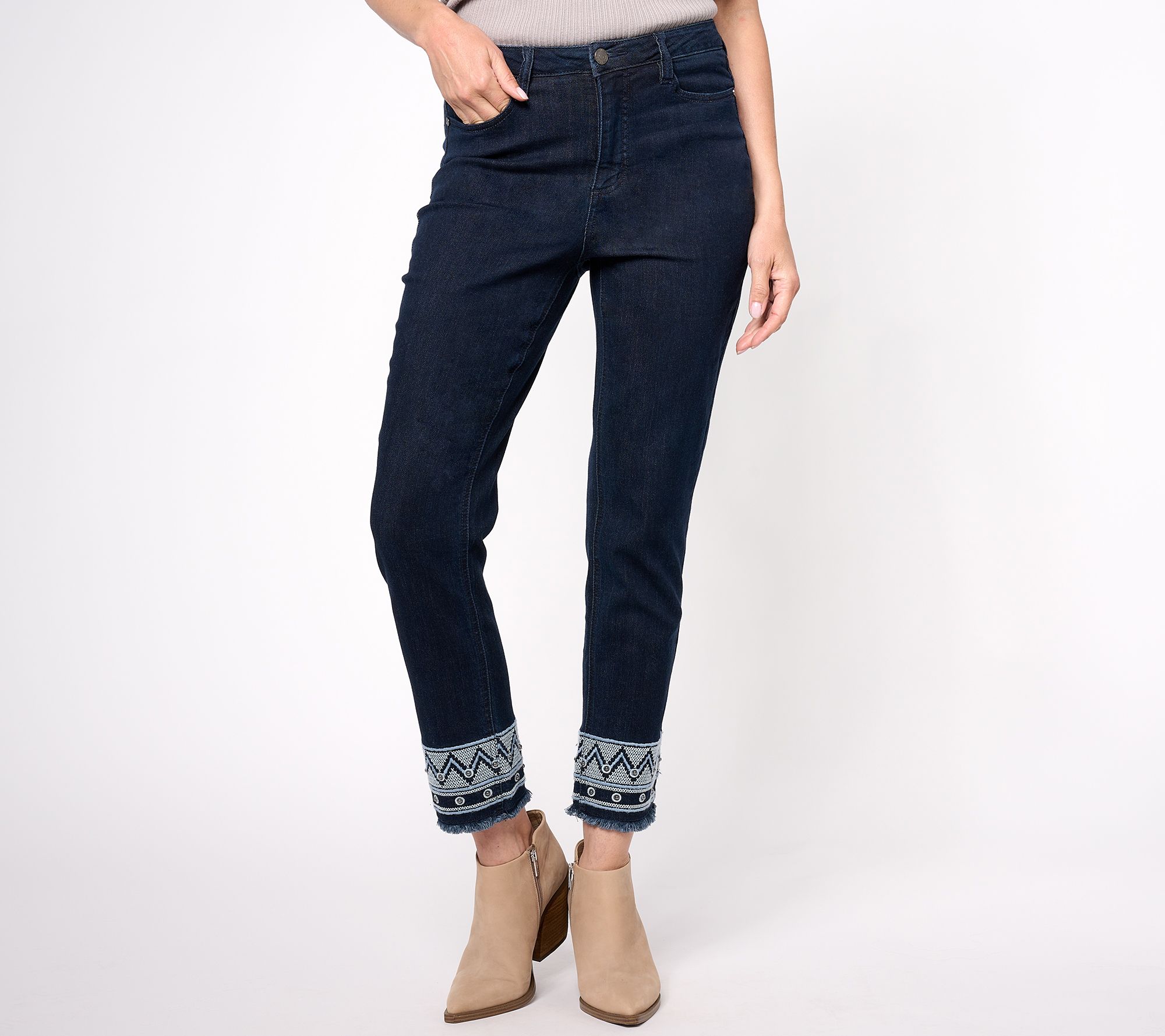 Susan Graver Petite Straight Leg Jean with Embroidered Hem