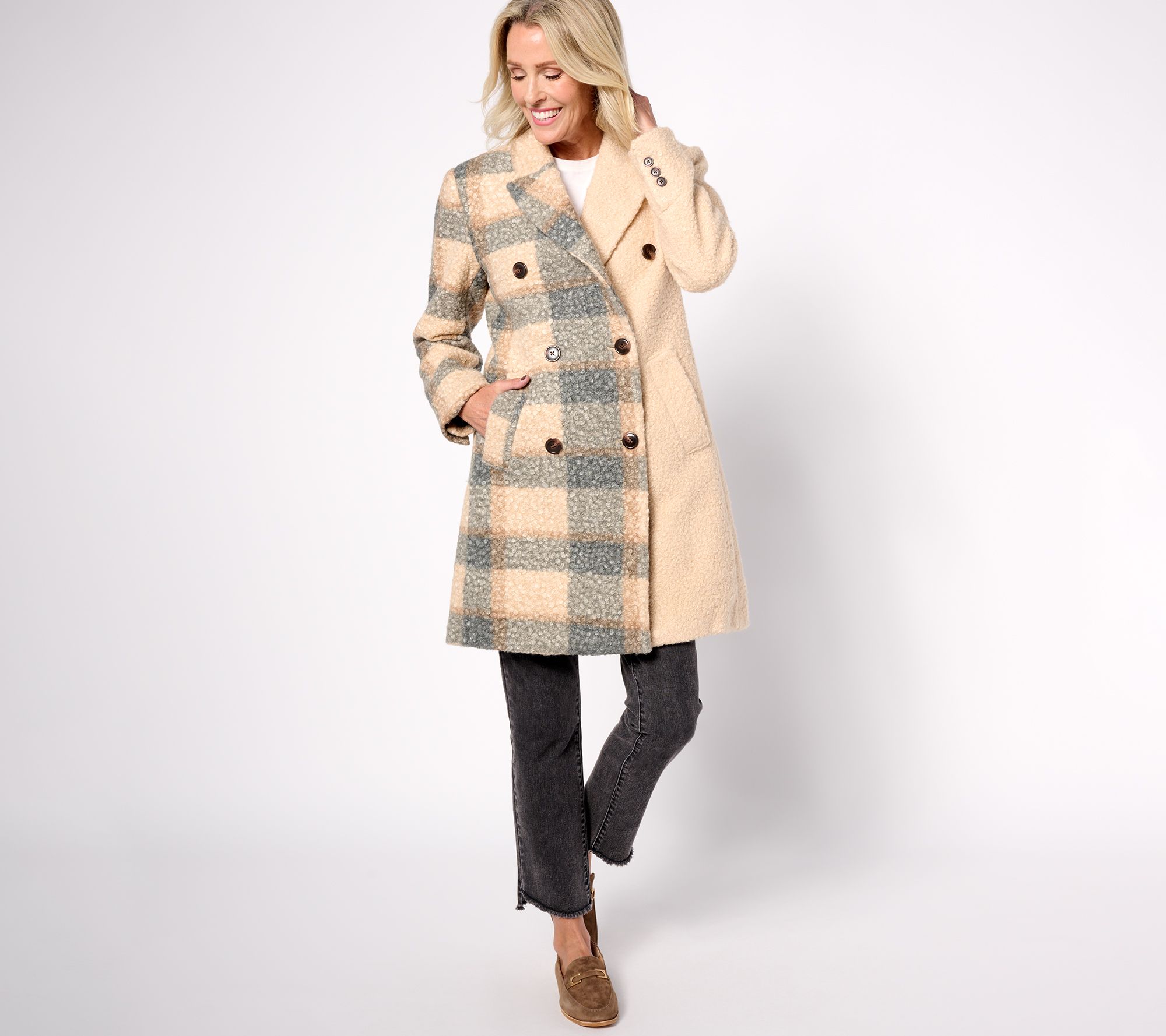 Thread Collective Plaid Blocked Faux Wool Peacoat - QVC.com