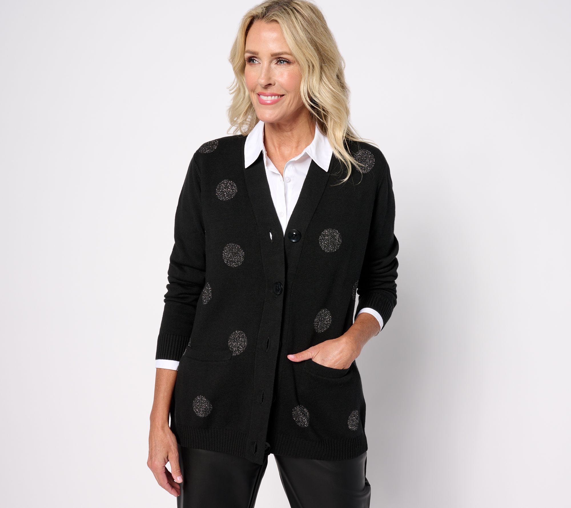Isaac Mizahi Live! Dot Jacquard Button Front Cardigan w/ Pockets