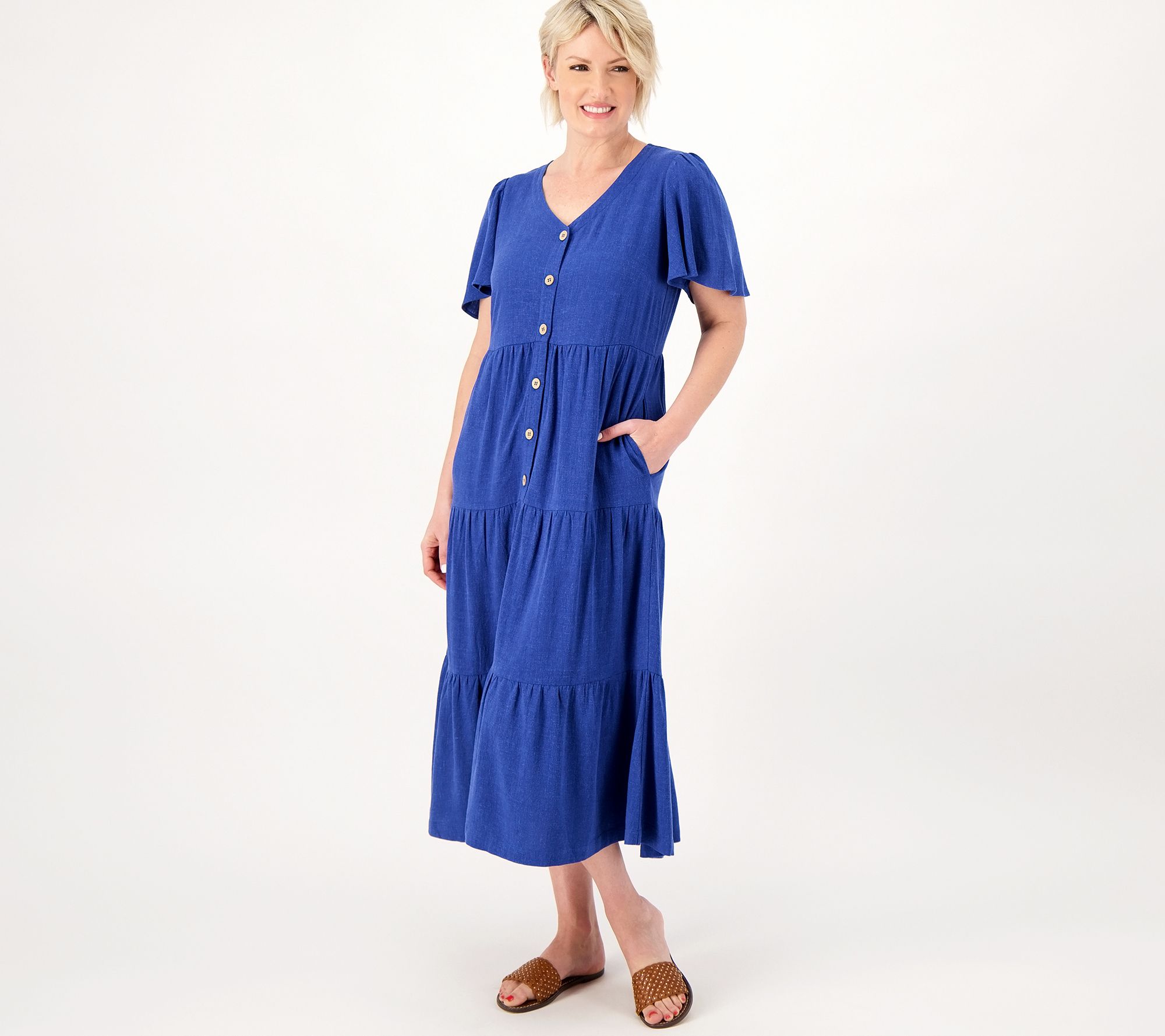 "As Is" Susan Graver Pet Pure Linen Blend Tiered Button- Front Midi