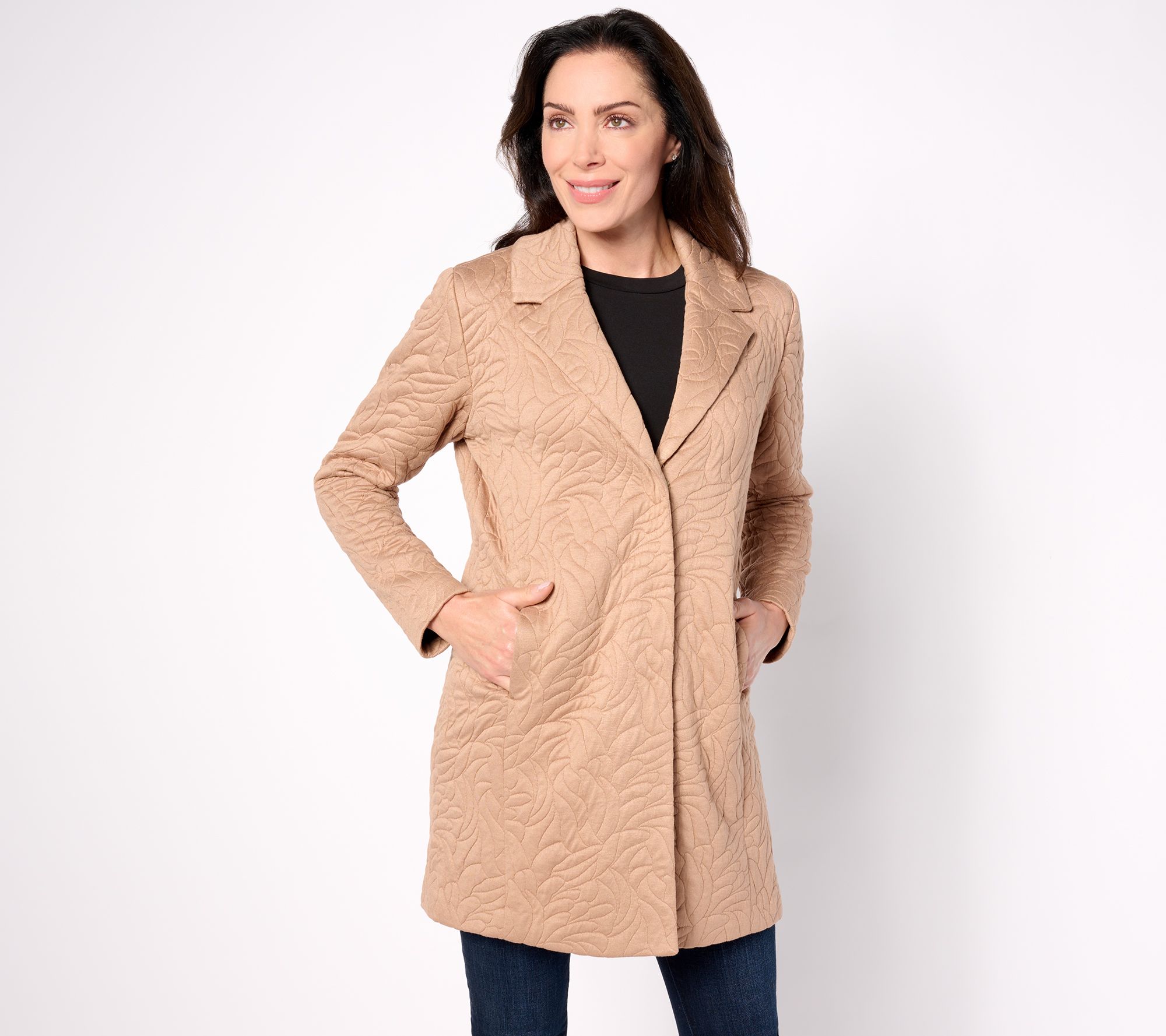 Susan Graver Petite Quilted Knit Notch Collar Fully Lined Jacket