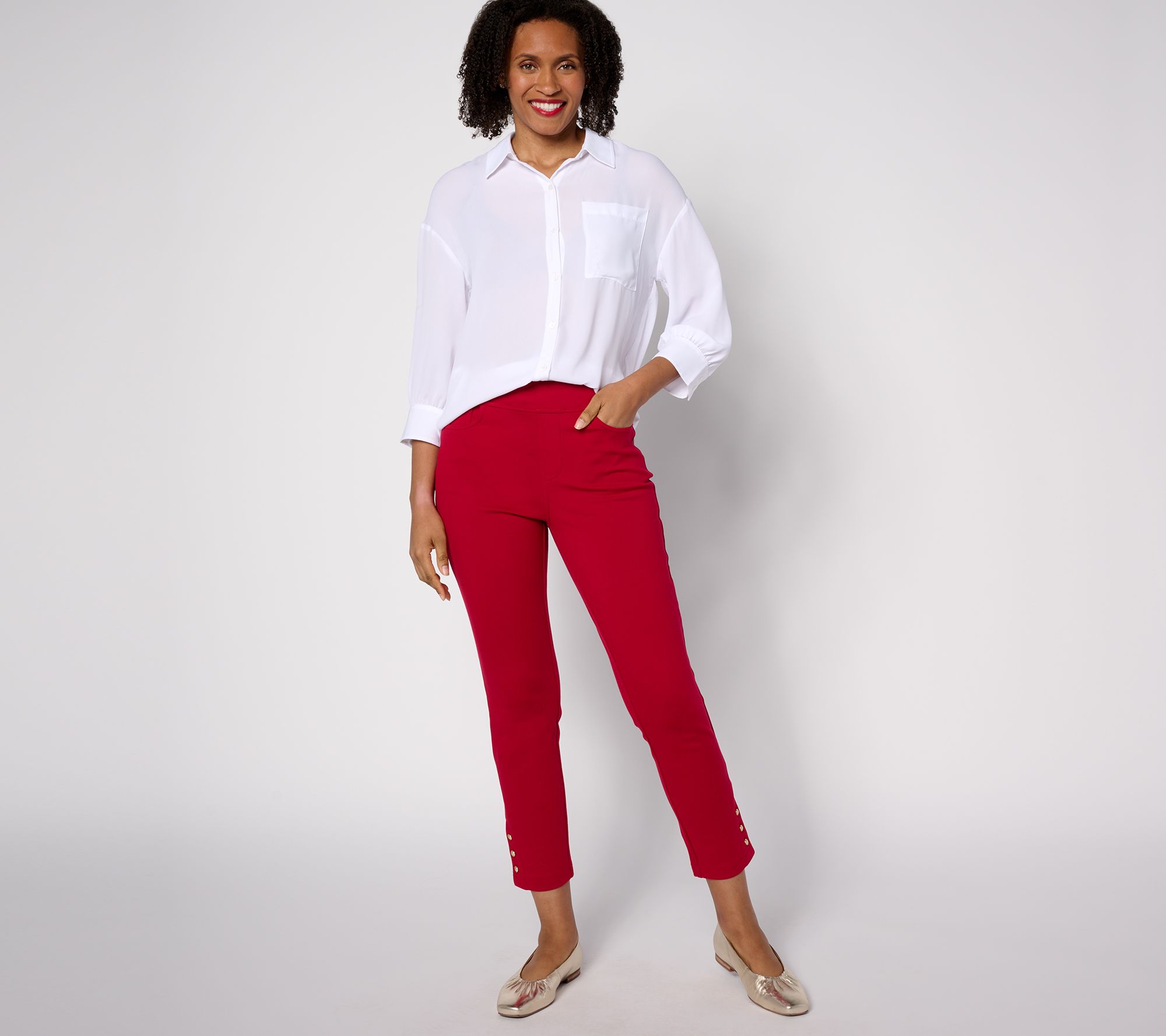 Belle by Kim Gravel Regular Nautical Gold Button Ponte Ankle Pant 