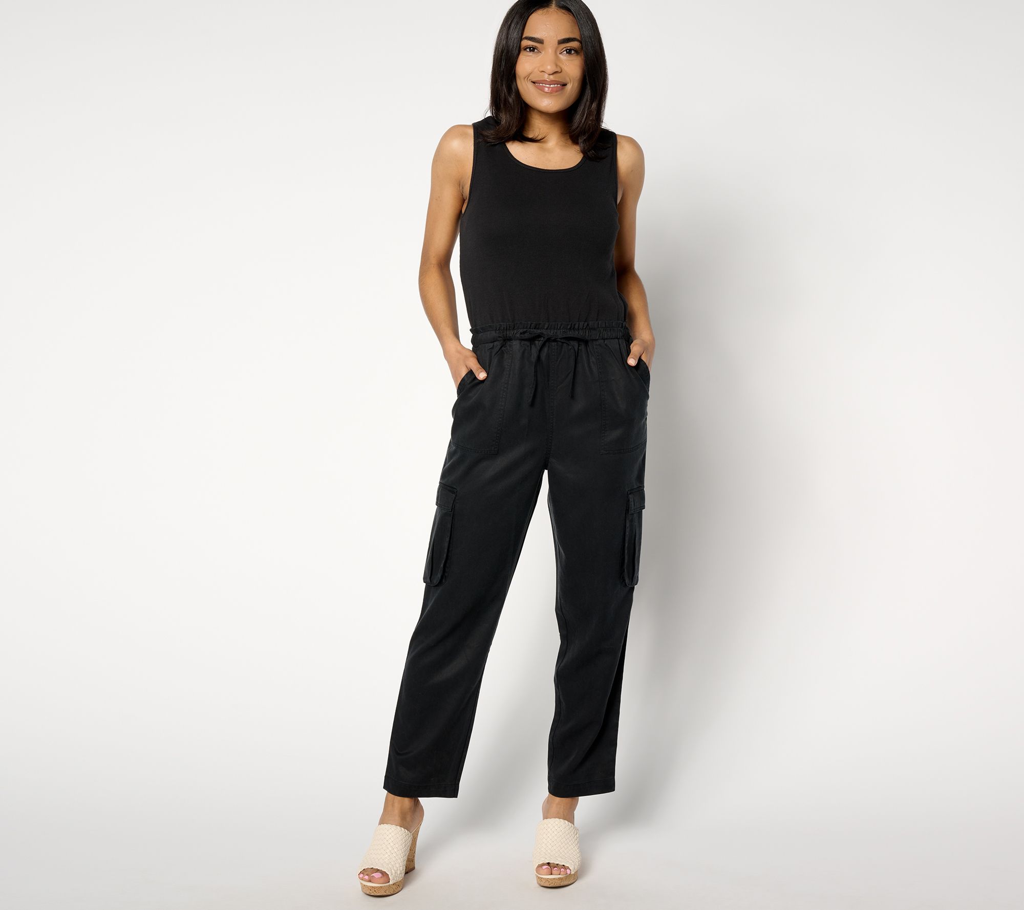 AnyBody Petite Mixed Media Cargo Jumpsuit