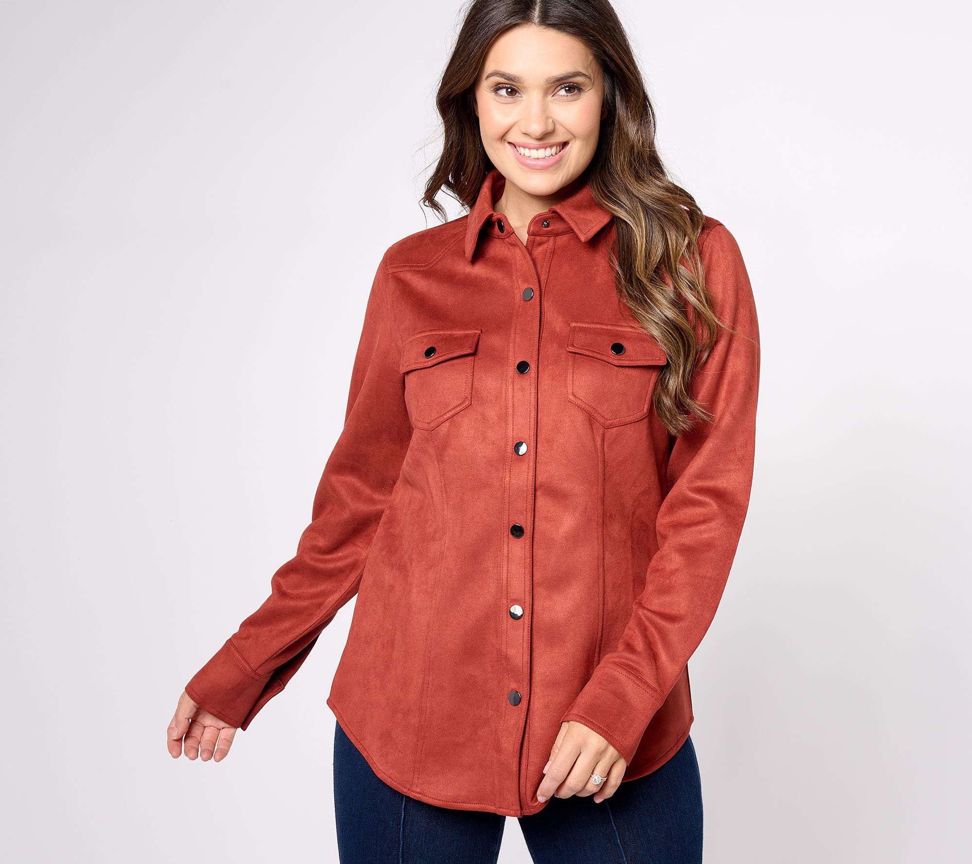 "As Is" Belle by Kim Gravel Topstitch Snap Faux Suede Shirt Jacket