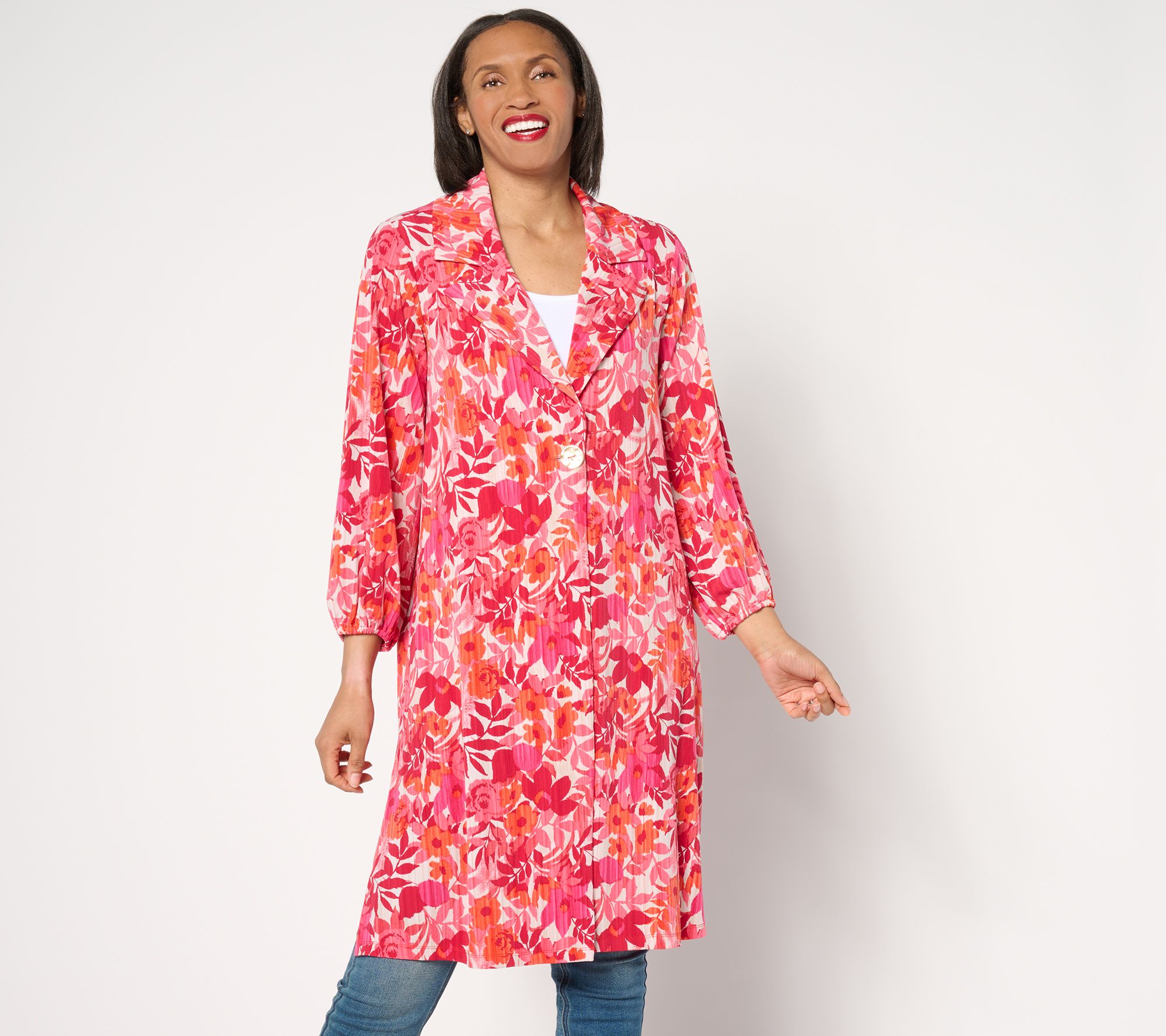 Susan Graver Regular Printed Liquid Knit Duster with Blouson Sleeves