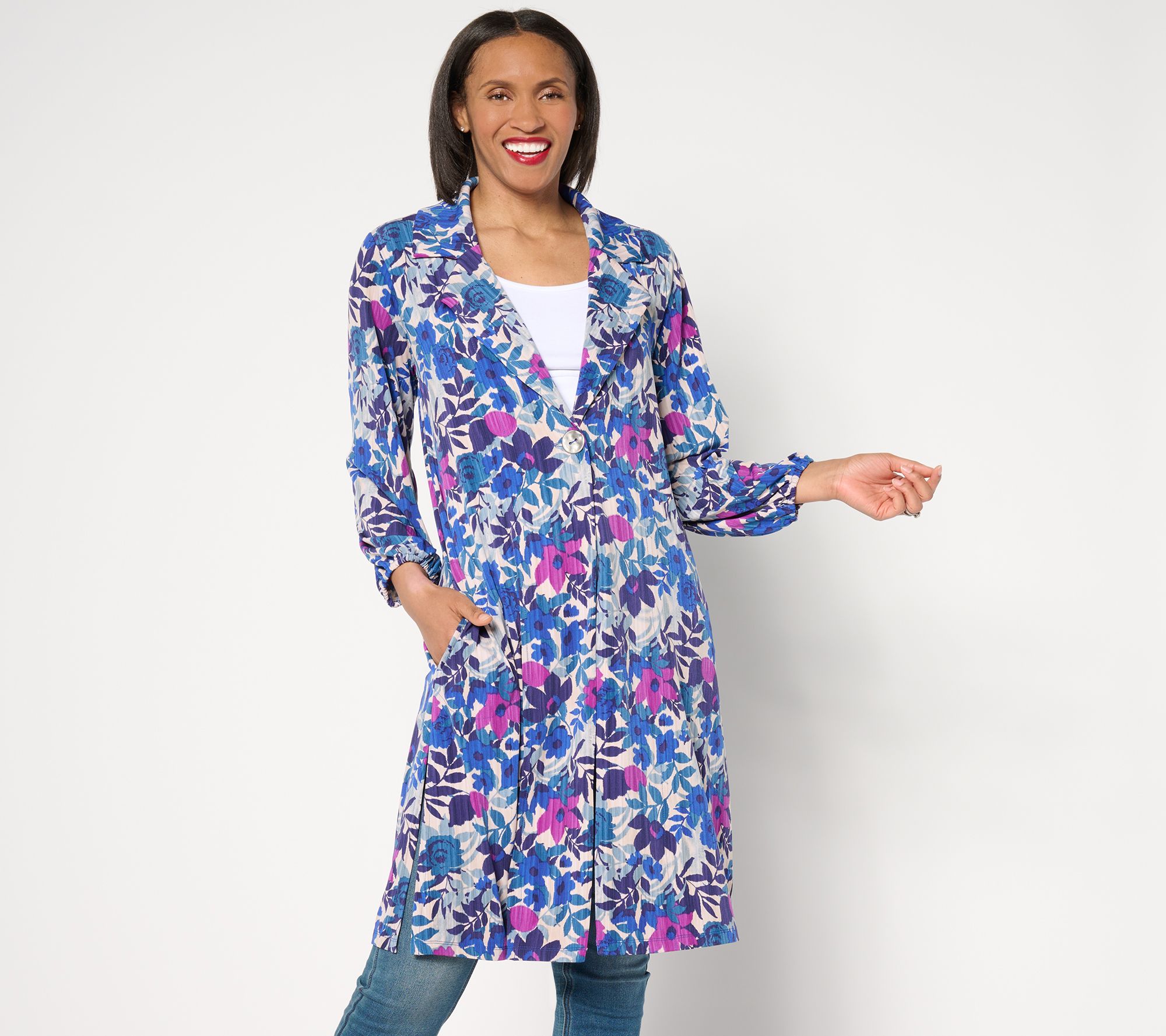 Susan Graver Regular Printed Liquid Knit Duster with Blouson Sleeves