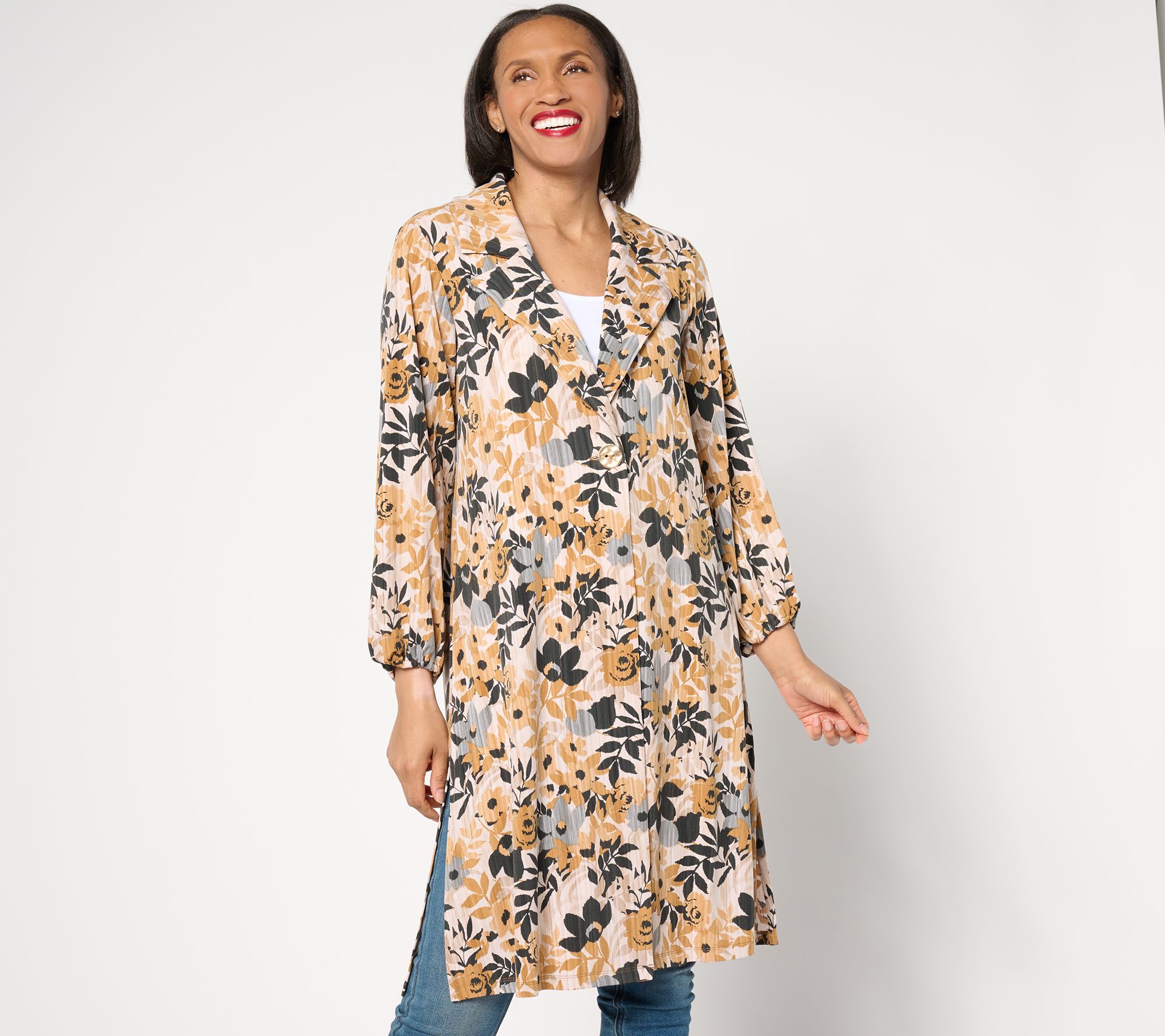 Susan Graver Regular Printed Liquid Knit Duster with Blouson Sleeves