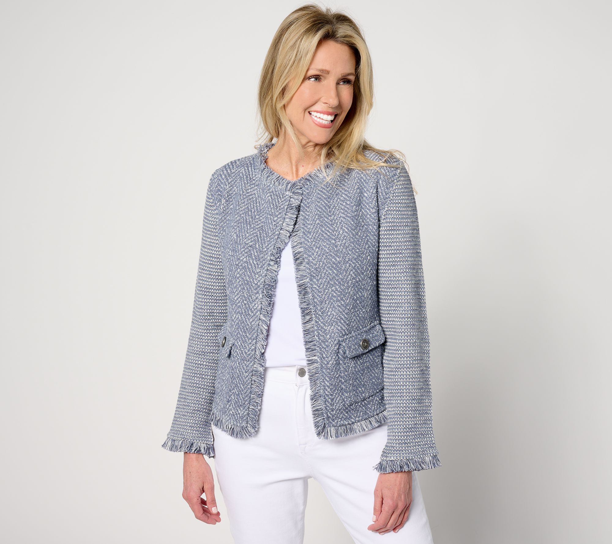 NIC+ZOE Fringe Mix Knit Pocket Jacket