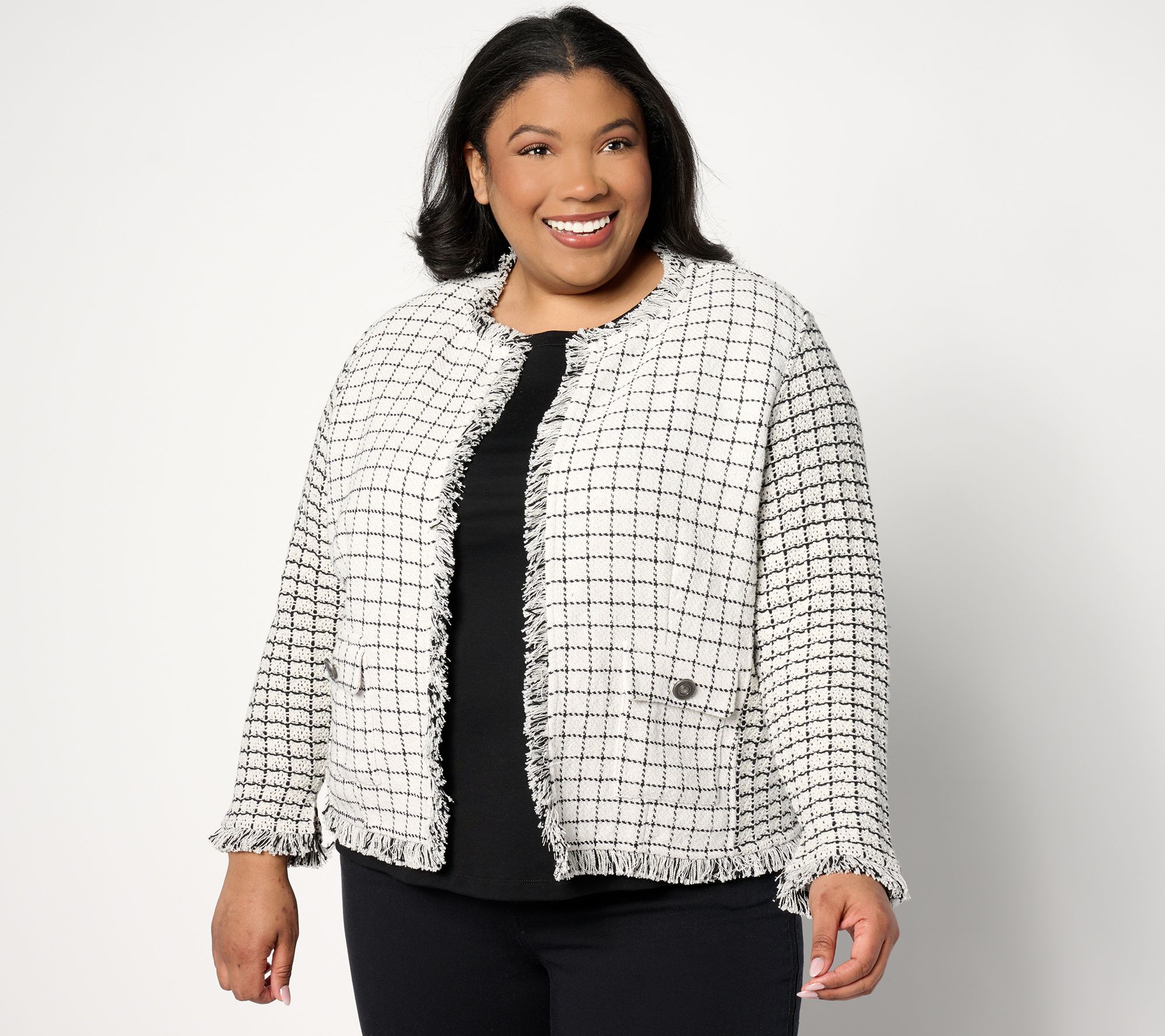NIC+ZOE Fringe Mix Knit Pocket Jacket