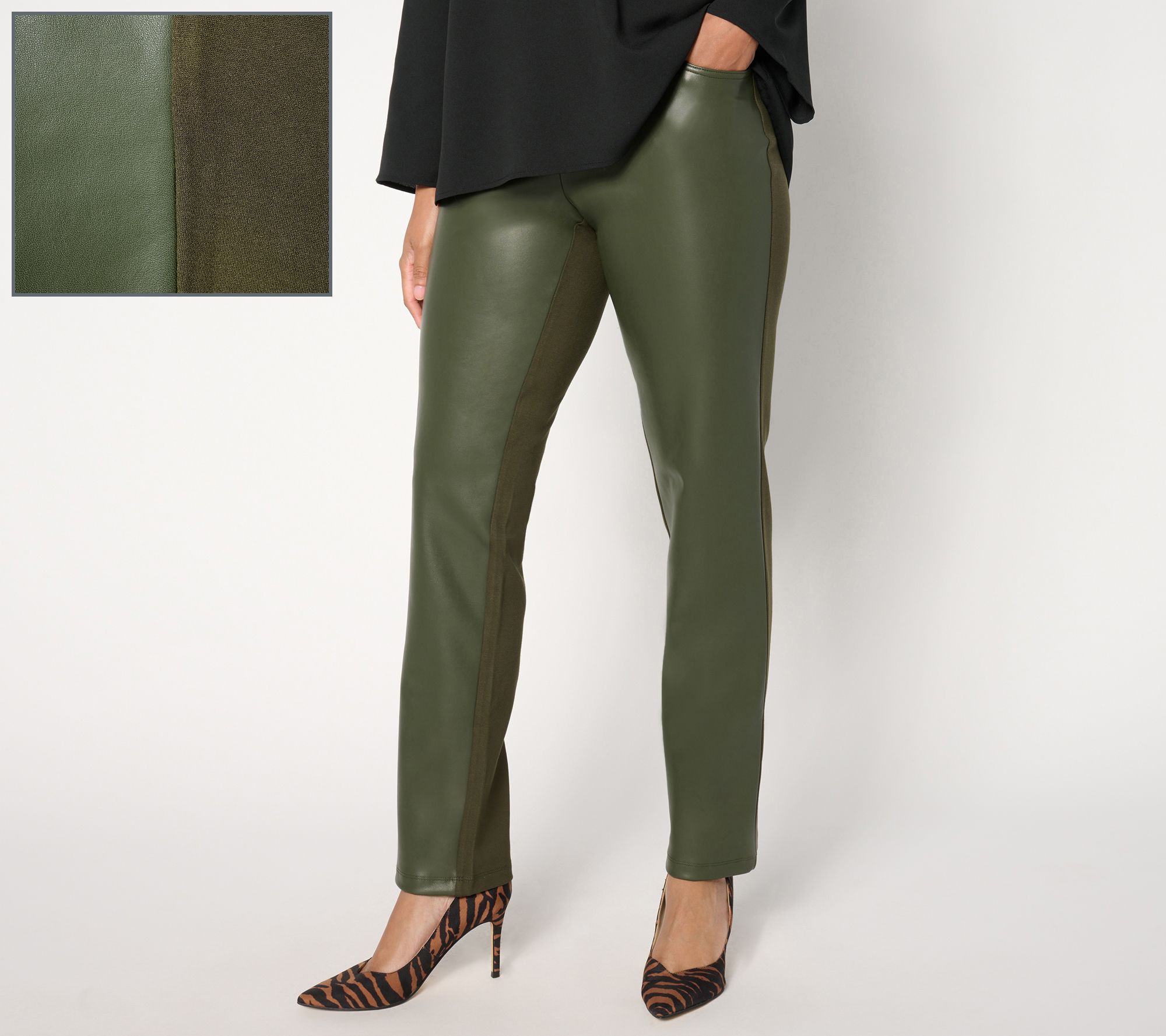 Belle by Kim Gravel Regular Faux Leather Front, Ponte Back Pant