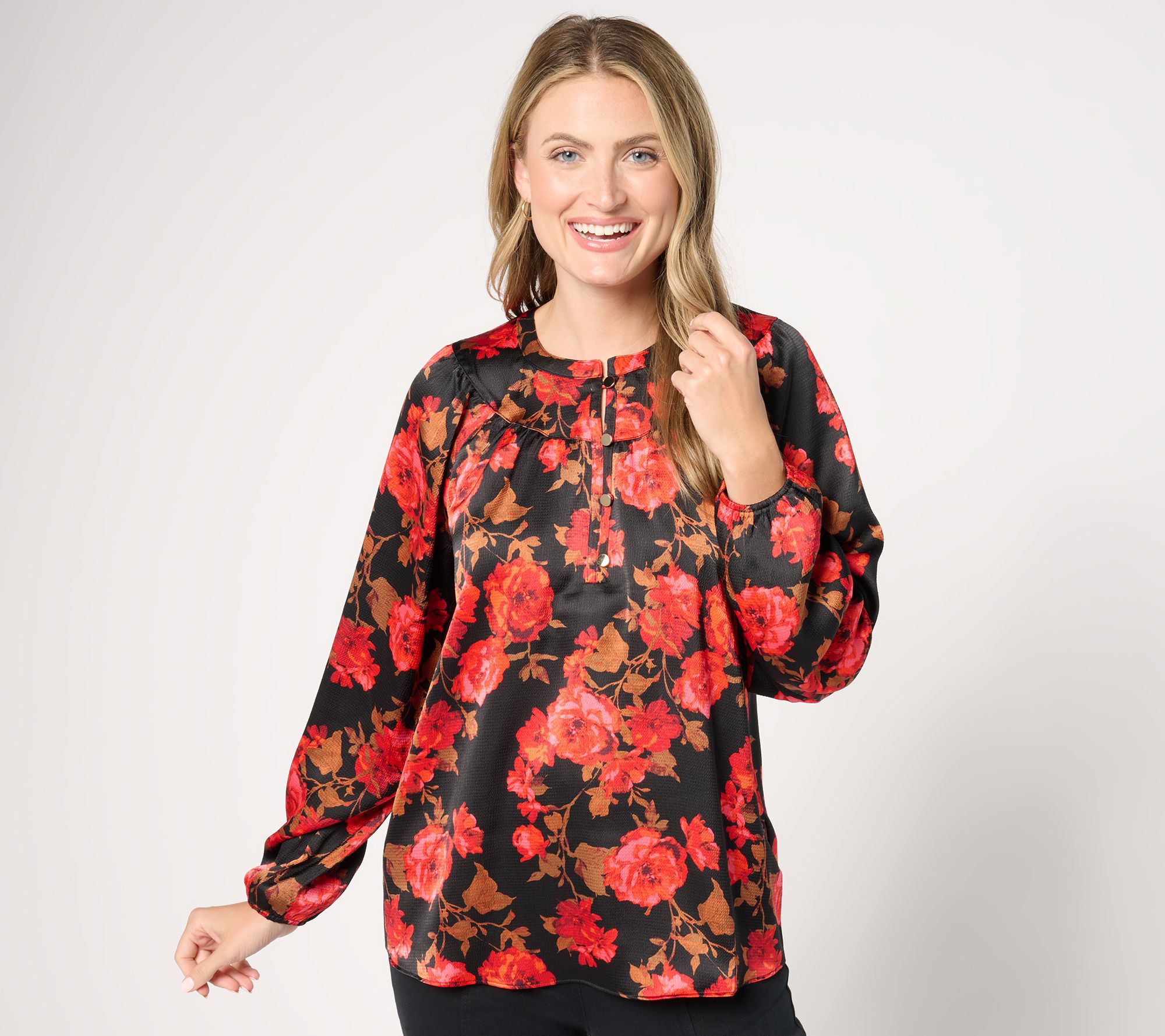 Isaac Mizrahi Live! Printed Stretch Hammered Satin Blouse