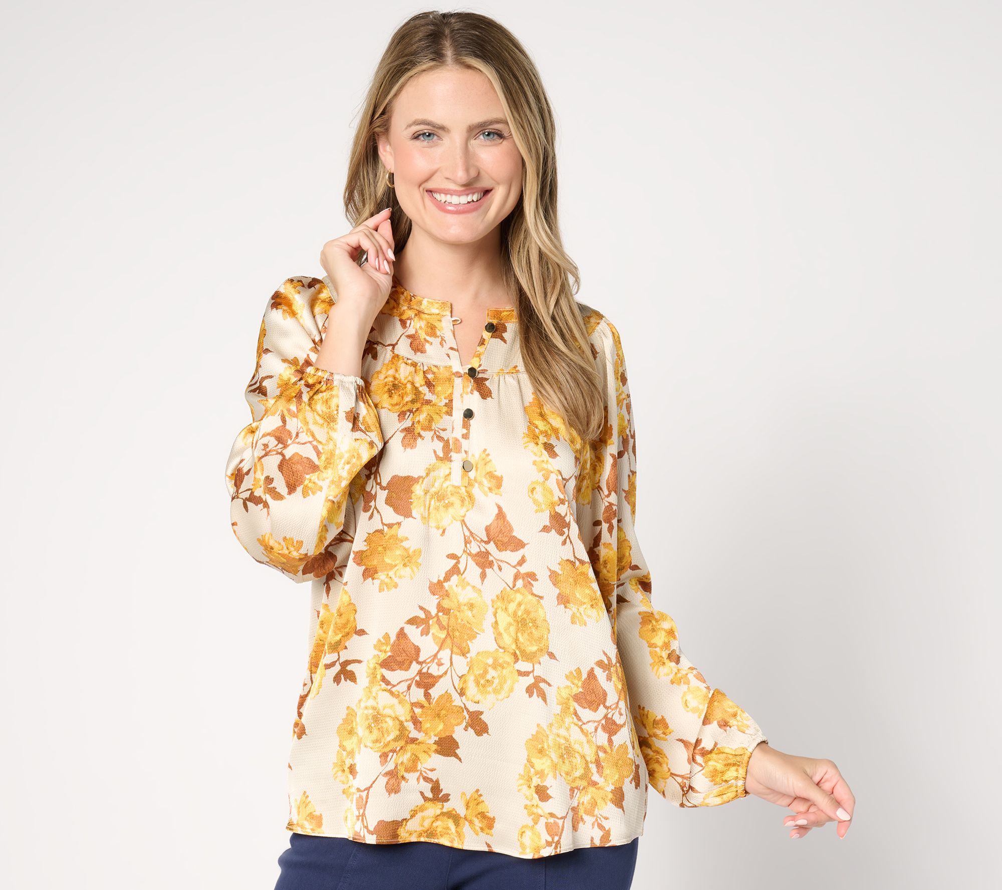 Isaac Mizrahi Live! Printed Stretch Hammered Satin Blouse