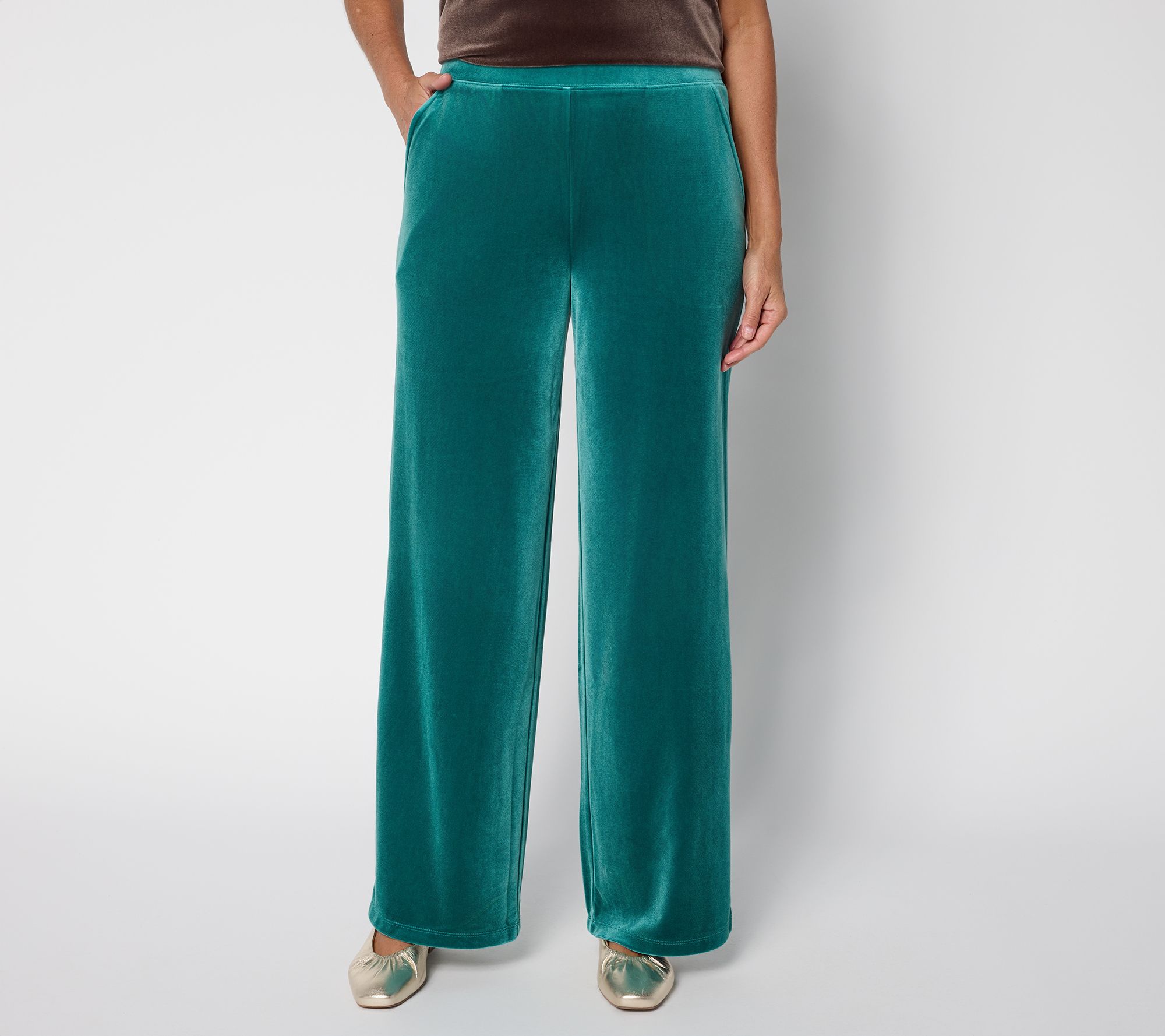 Denim & Co. Petite Knit Velvet Full Length Wide Leg Pant