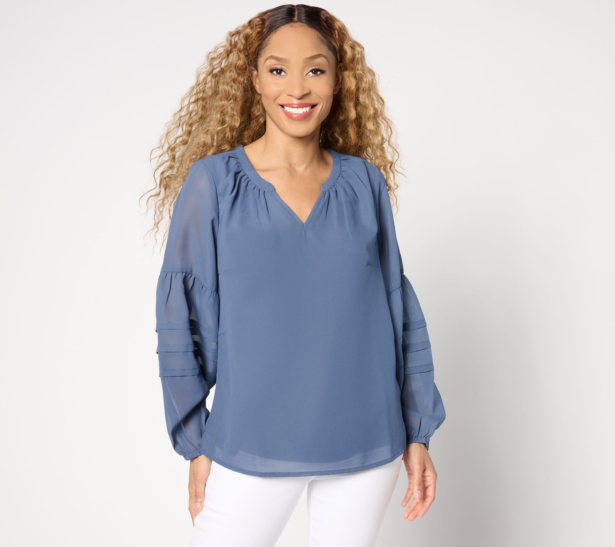 "As Is" Denim & Co. Split V-Neck Blouse with Sleeve Detail