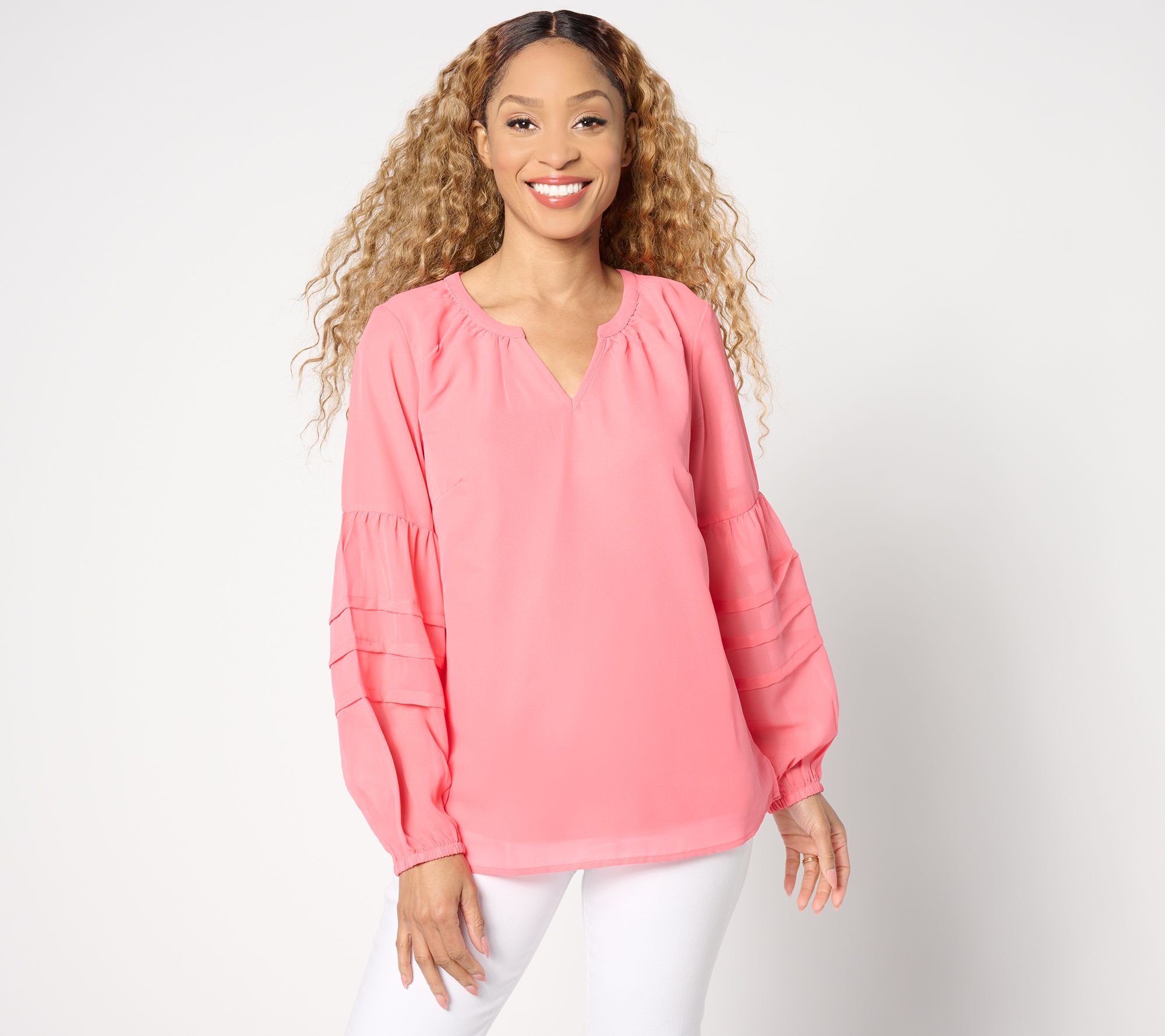 "As Is" Denim & Co. Split V-Neck Blouse with Sleeve Detail