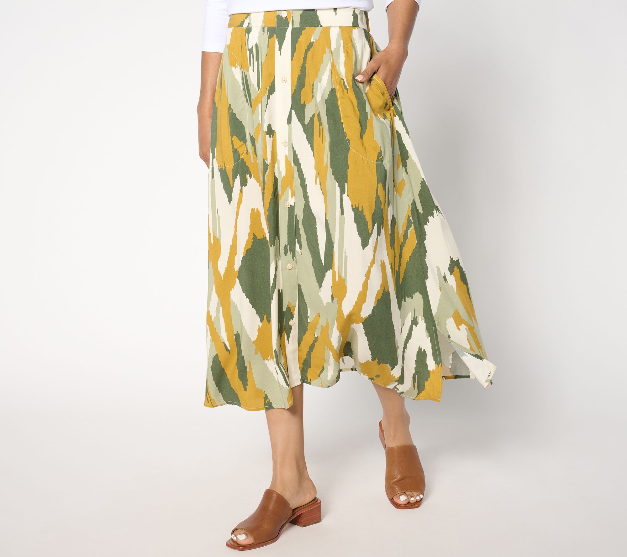 "As Is" Denim & Co. Petite Printed Midi Skirt with Pockets