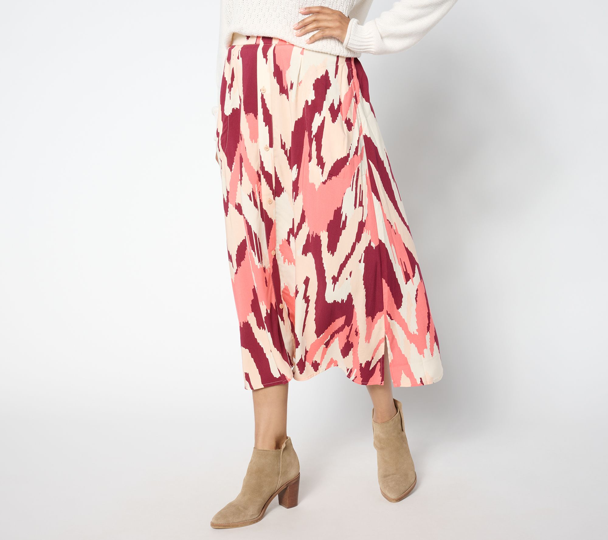 "As Is" Denim & Co. Petite Printed Midi Skirt with Pockets