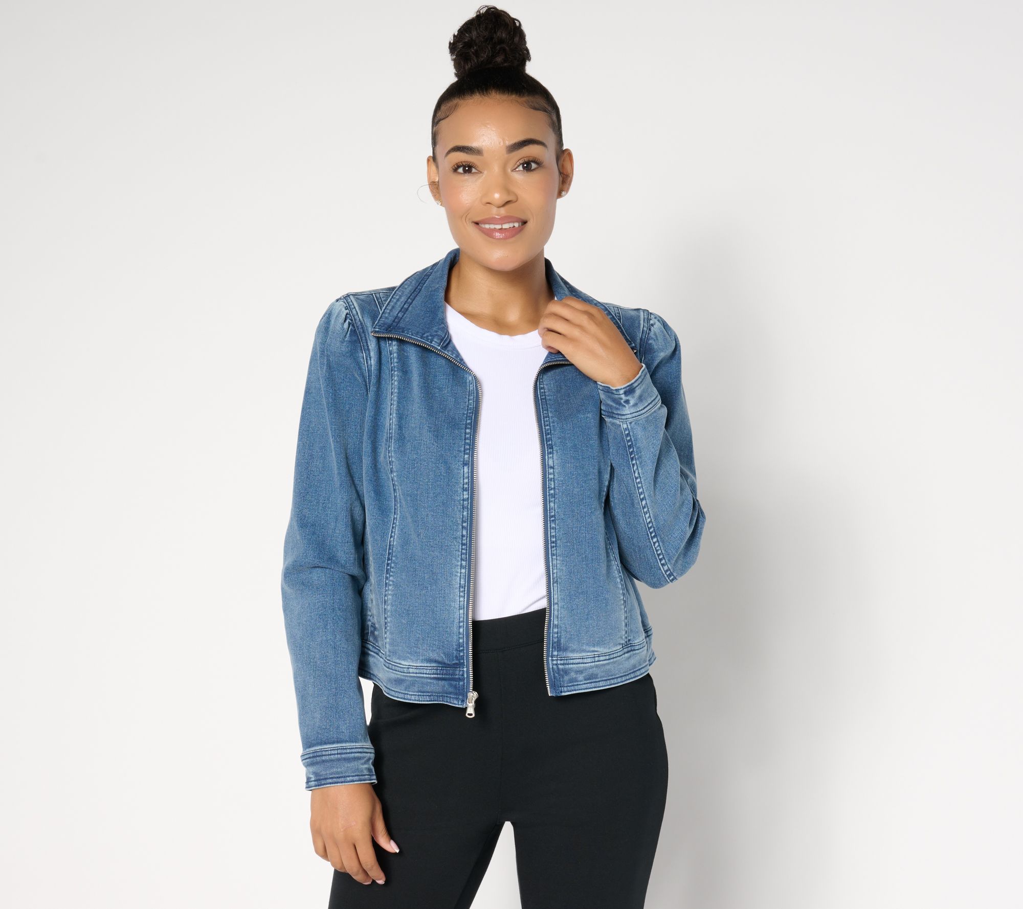 "As Is" Isaac Mizrahi Live! True Denim Indigo Zip Bomber Jacket