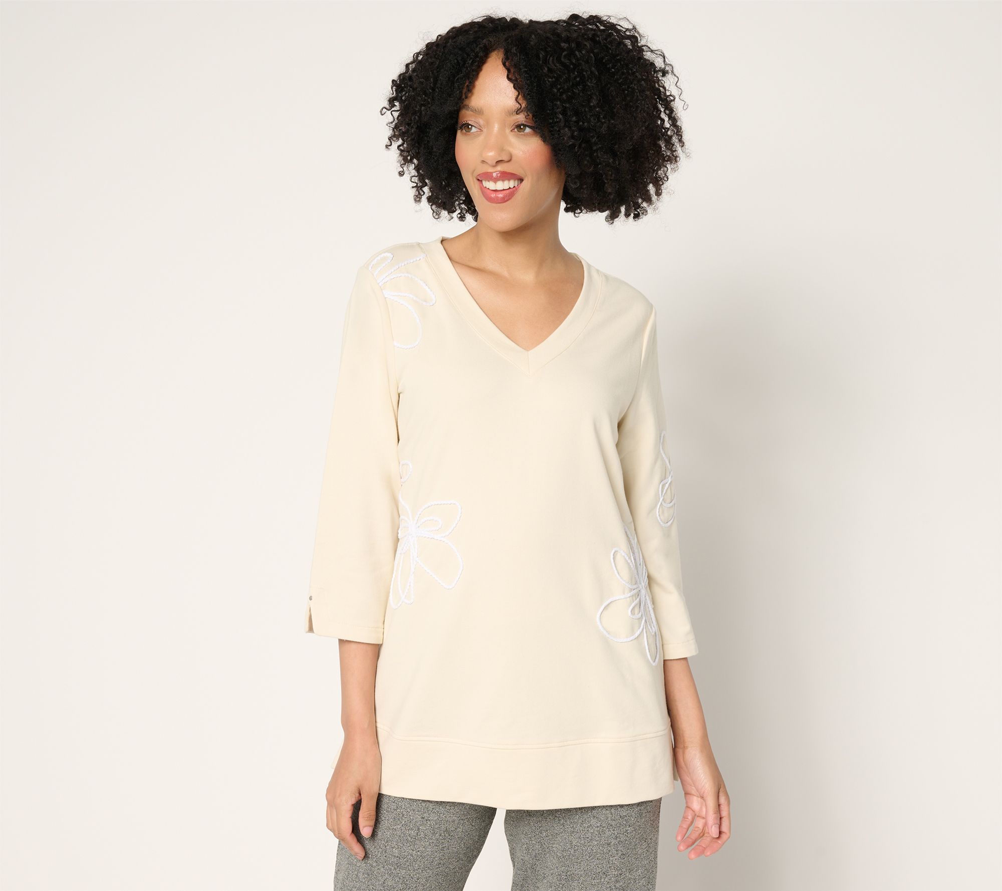 Sport Savvy French Terry V-Neck Top with Floral Soutache