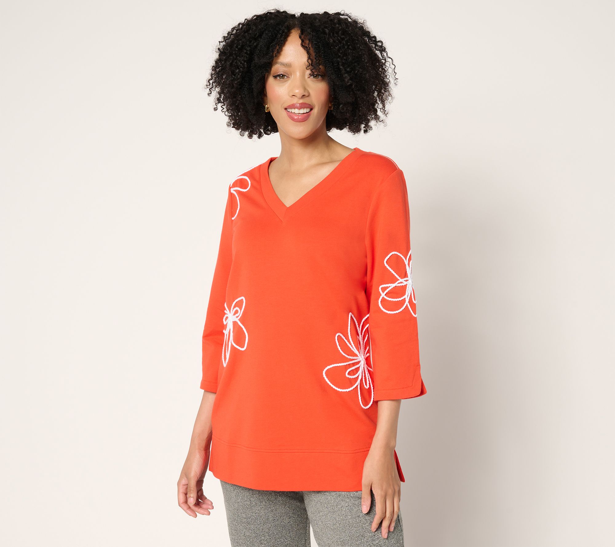 Sport Savvy French Terry V-Neck Top with Floral Soutache