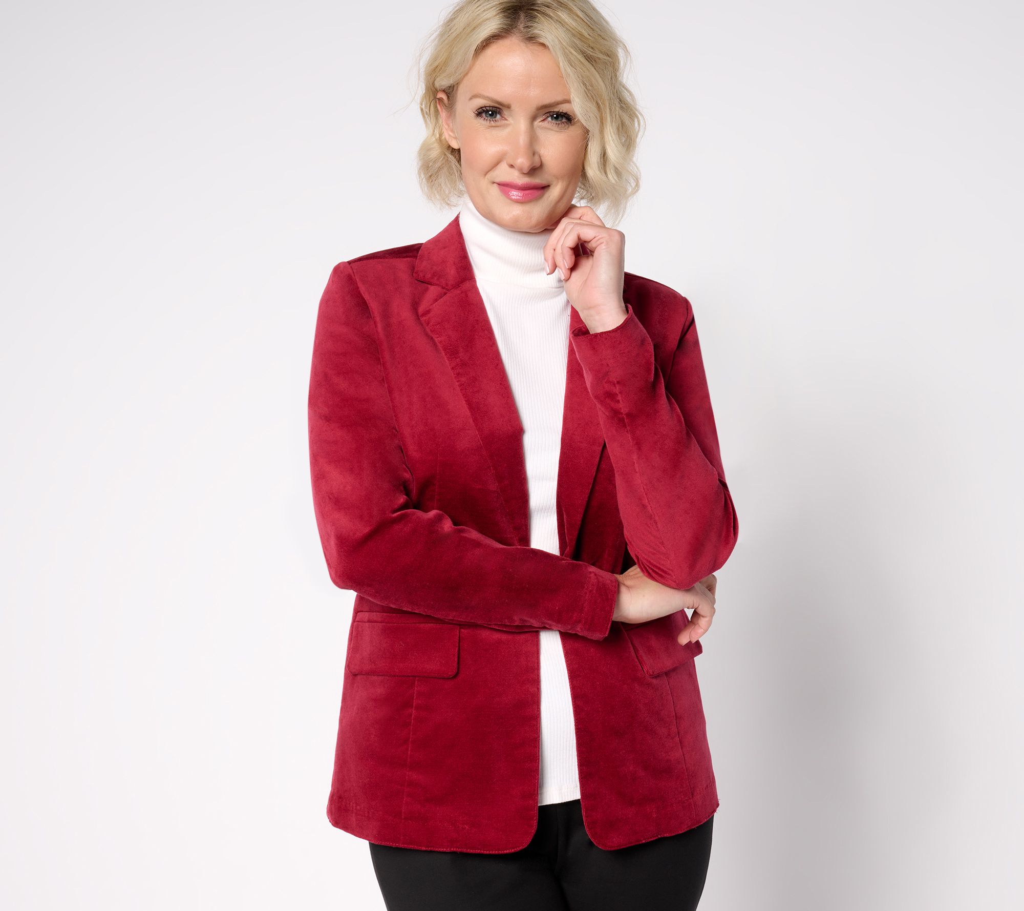 "As Is" Denim & Co. Petite Stretch Velvet One Button Blazer