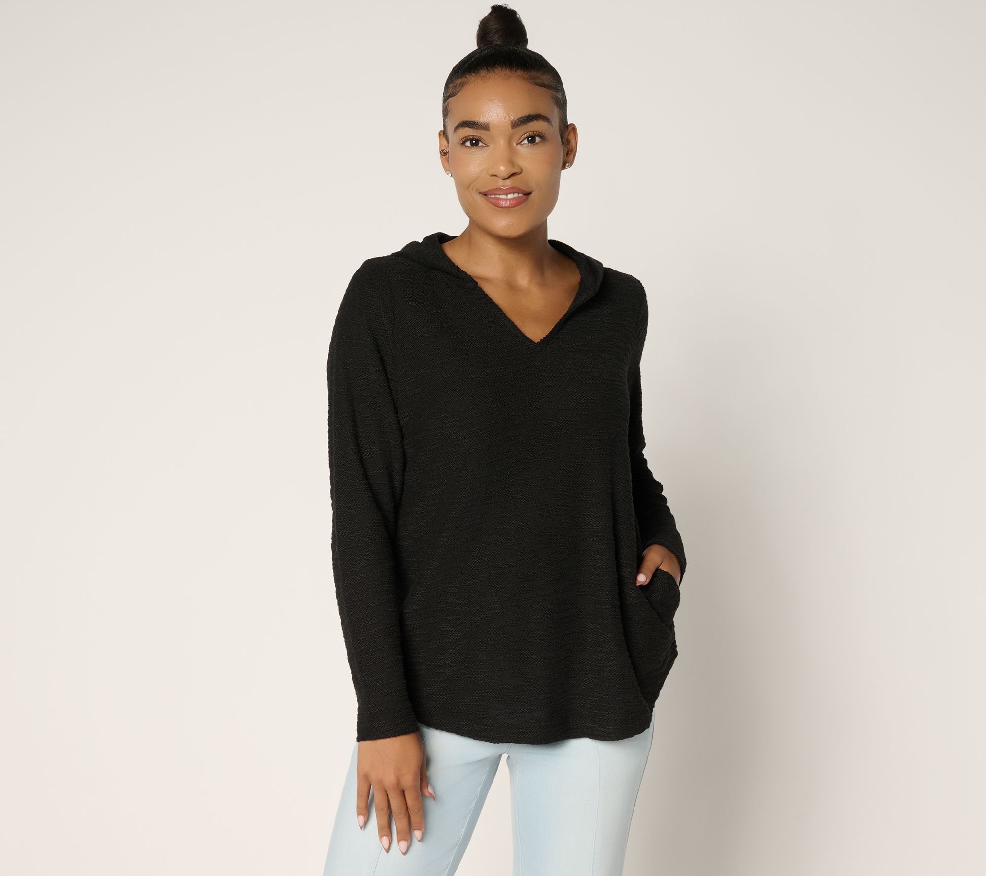 Belle by Kim Gravel Sweatshirt Slub V-Neck Hooded Top