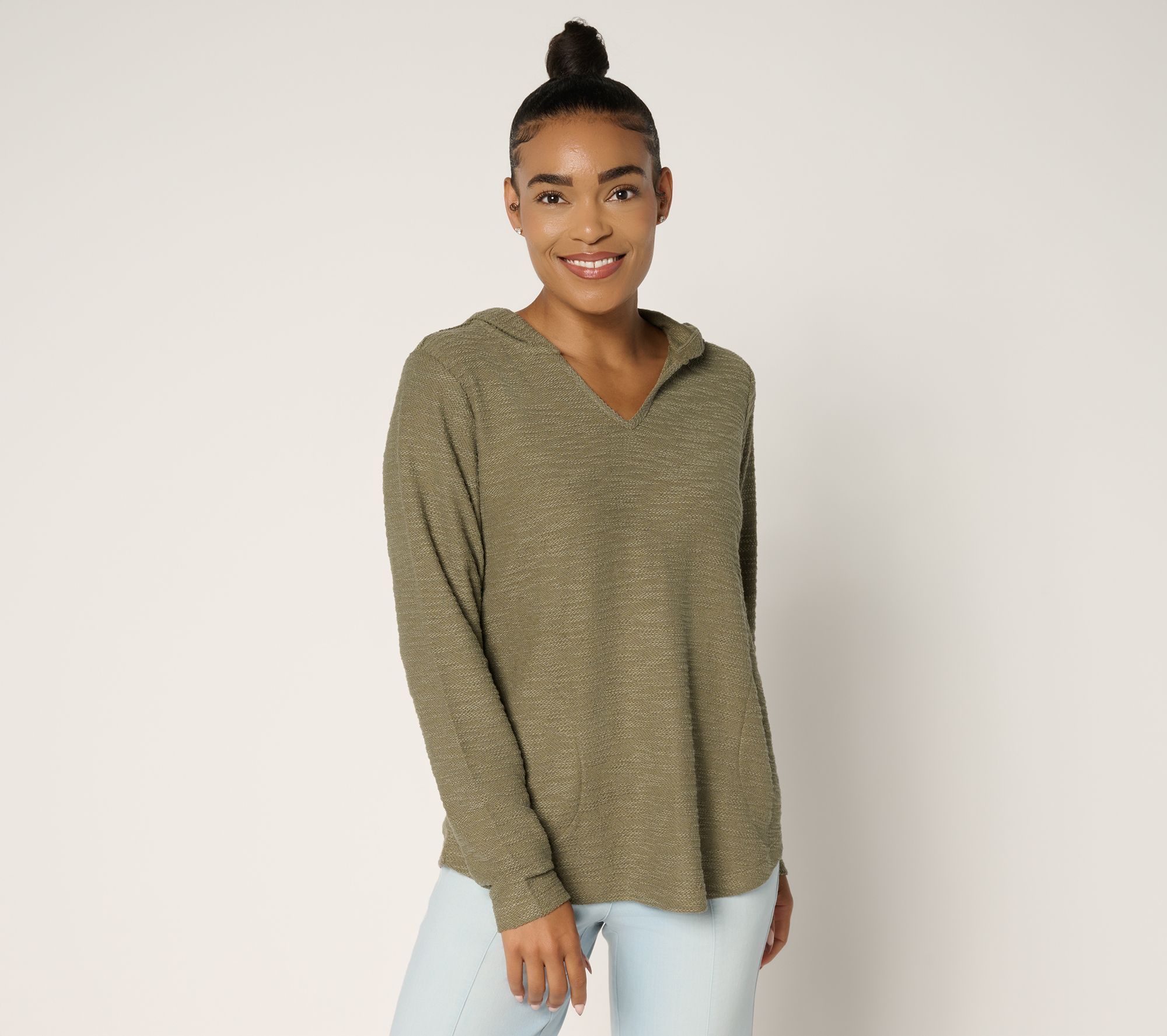 Belle by Kim Gravel Sweatshirt Slub V-Neck Hooded Top