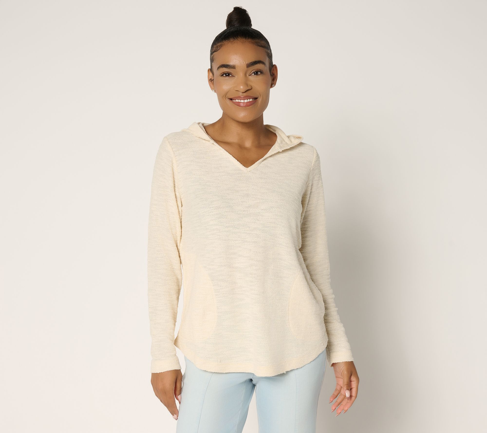 Belle by Kim Gravel Sweatshirt Slub V-Neck Hooded Top