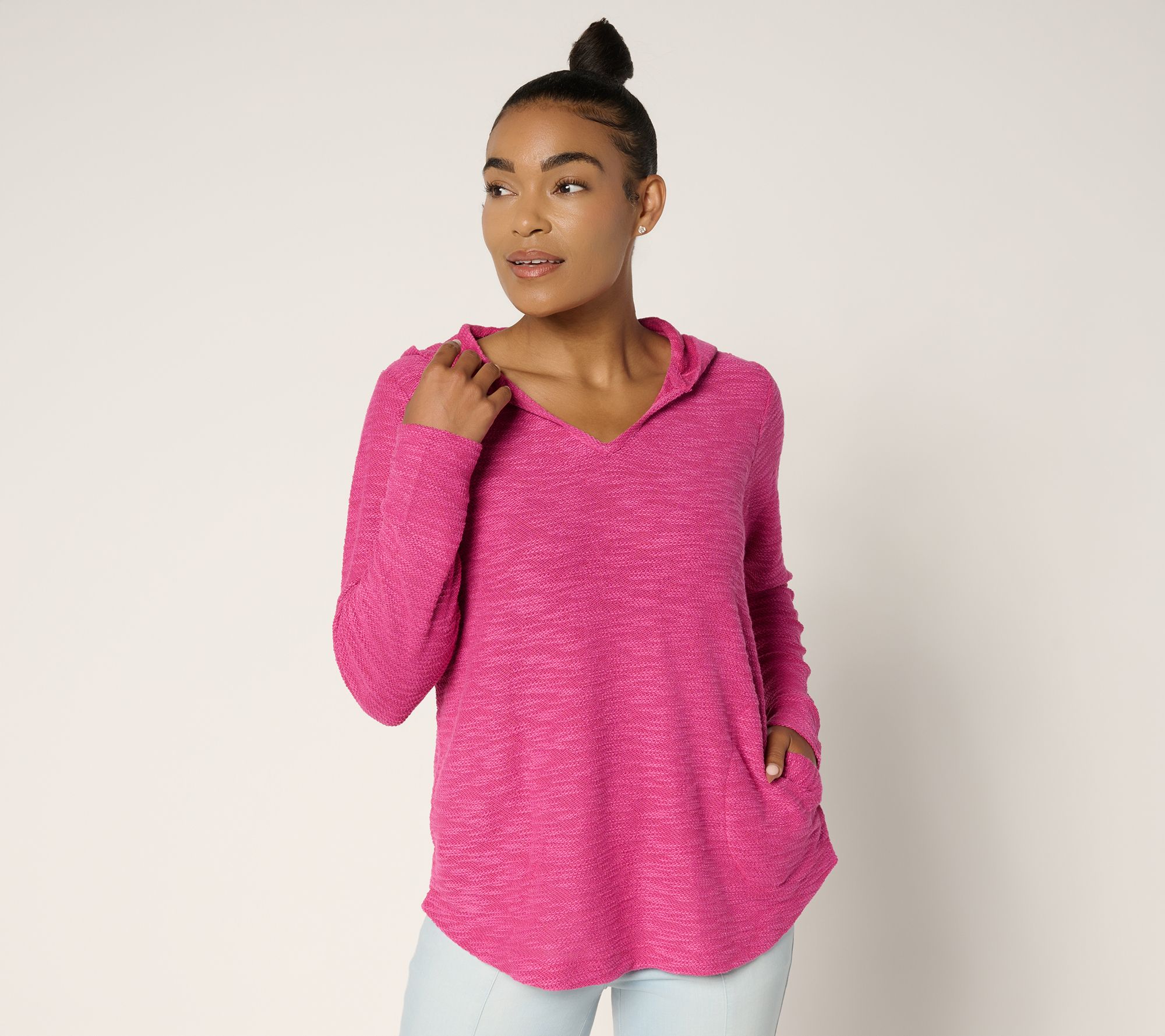 Belle by Kim Gravel Sweatshirt Slub V-Neck Hooded Top