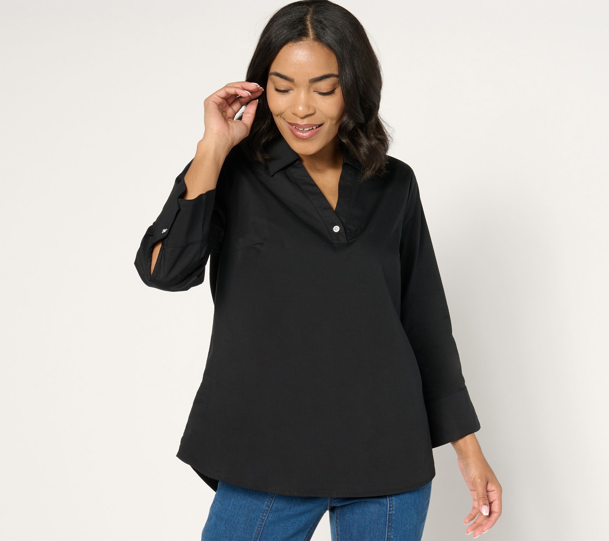 "As Is" Denim & Co. Signature Petite Poplin Tunic with Rhinestone