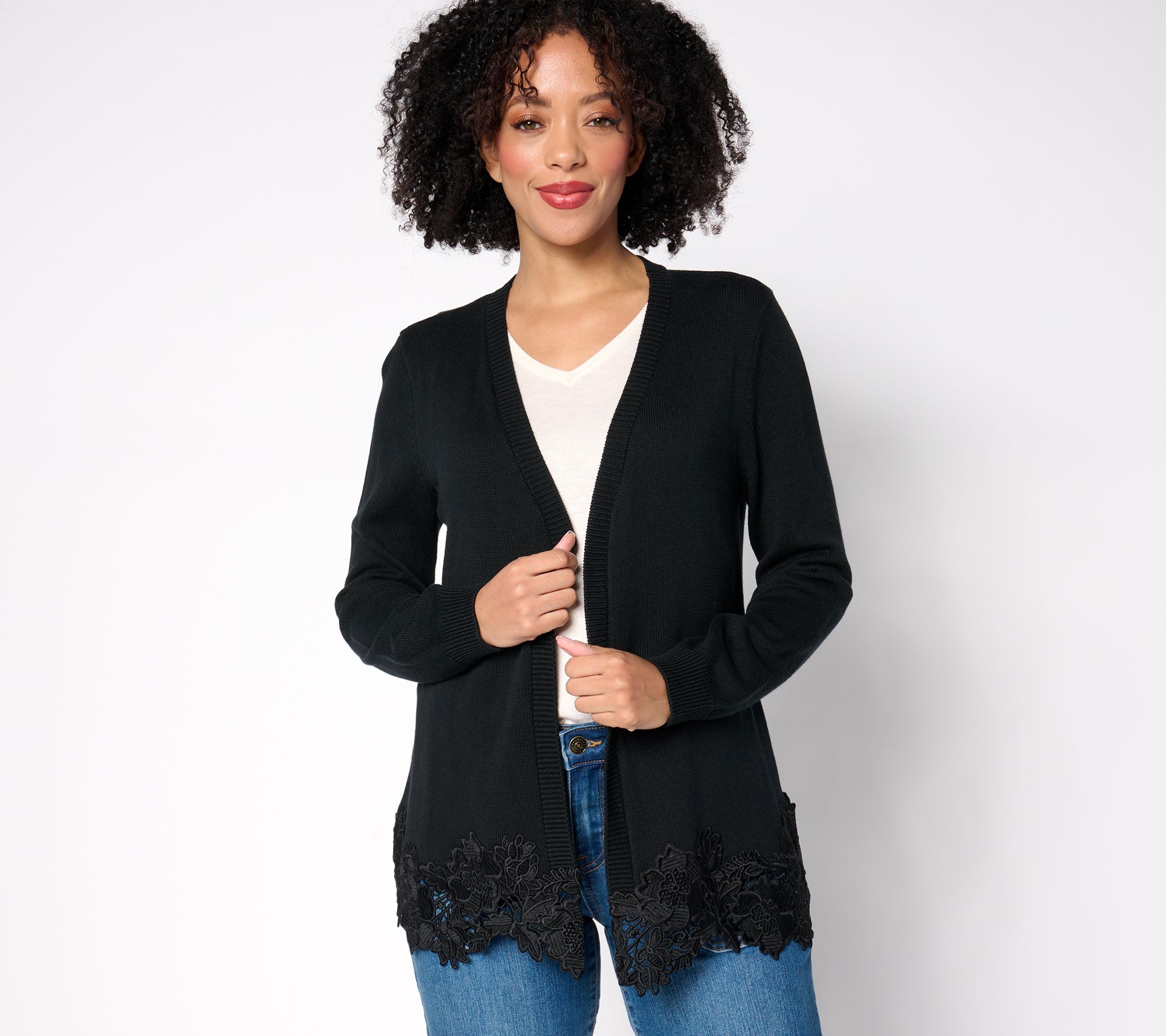 "As Is" Susan Graver Open Front Sweater Cardigan with Lace Trim