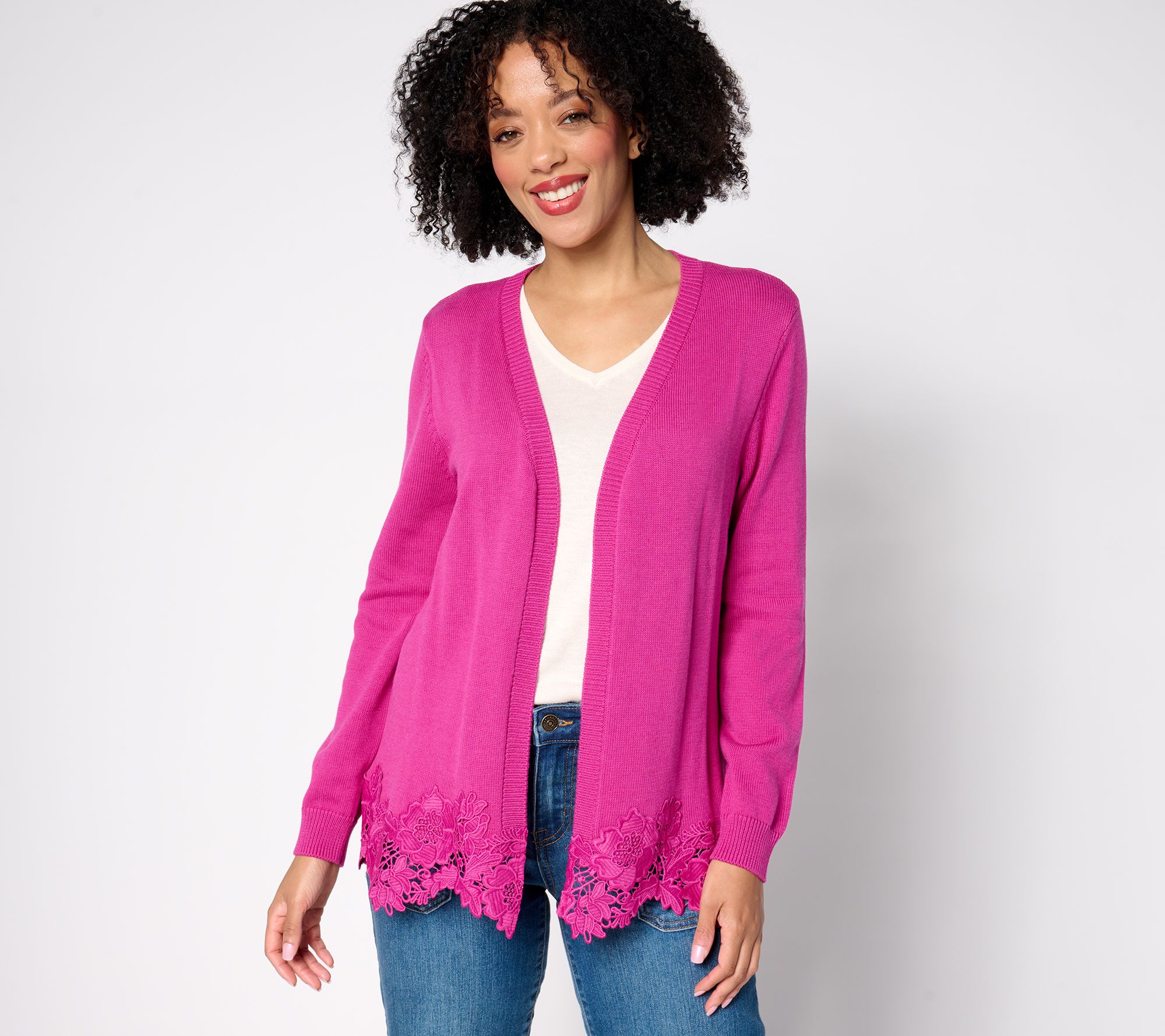 "As Is" Susan Graver Open Front Sweater Cardigan with Lace Trim