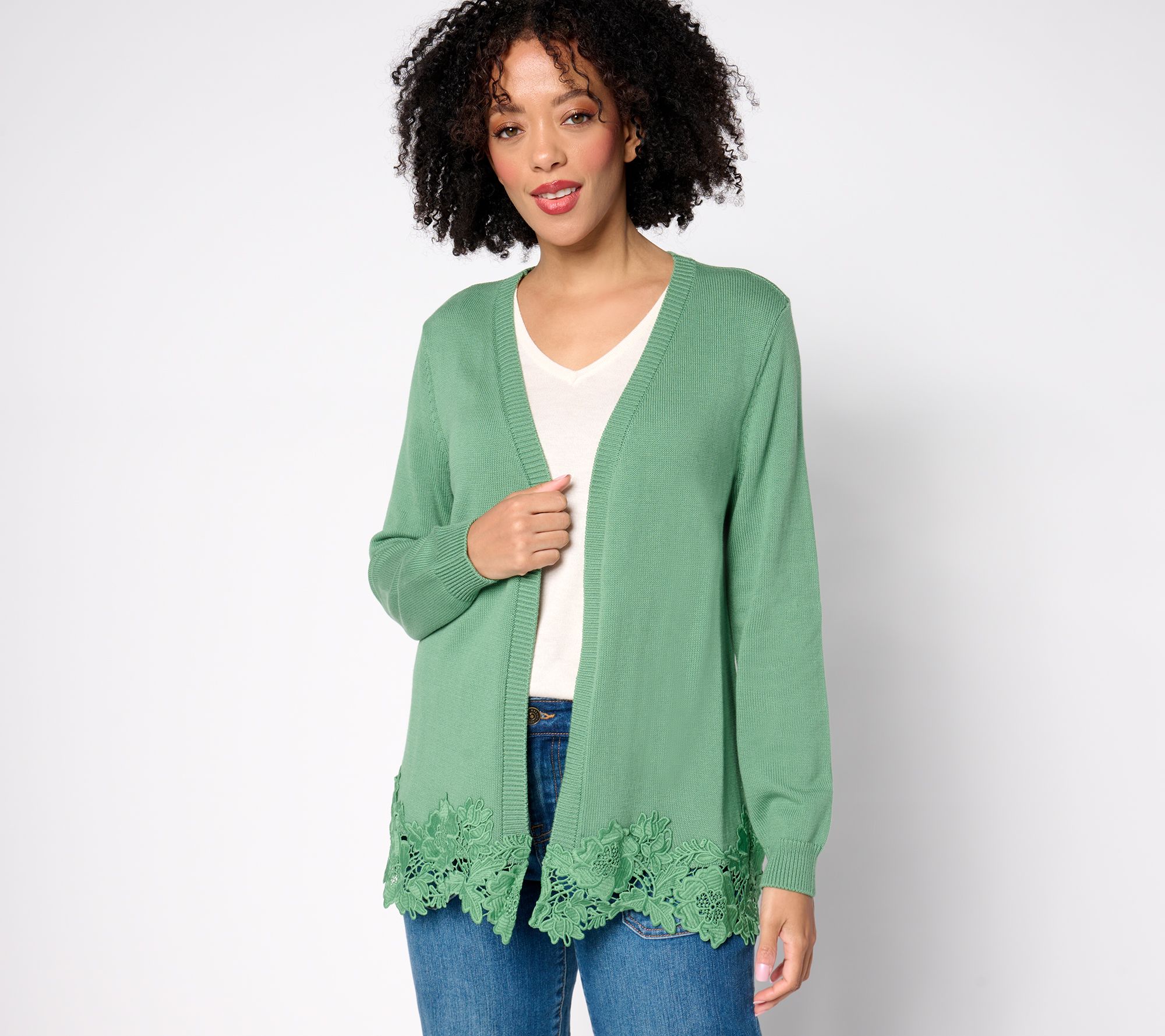 "As Is" Susan Graver Open Front Sweater Cardigan with Lace Trim