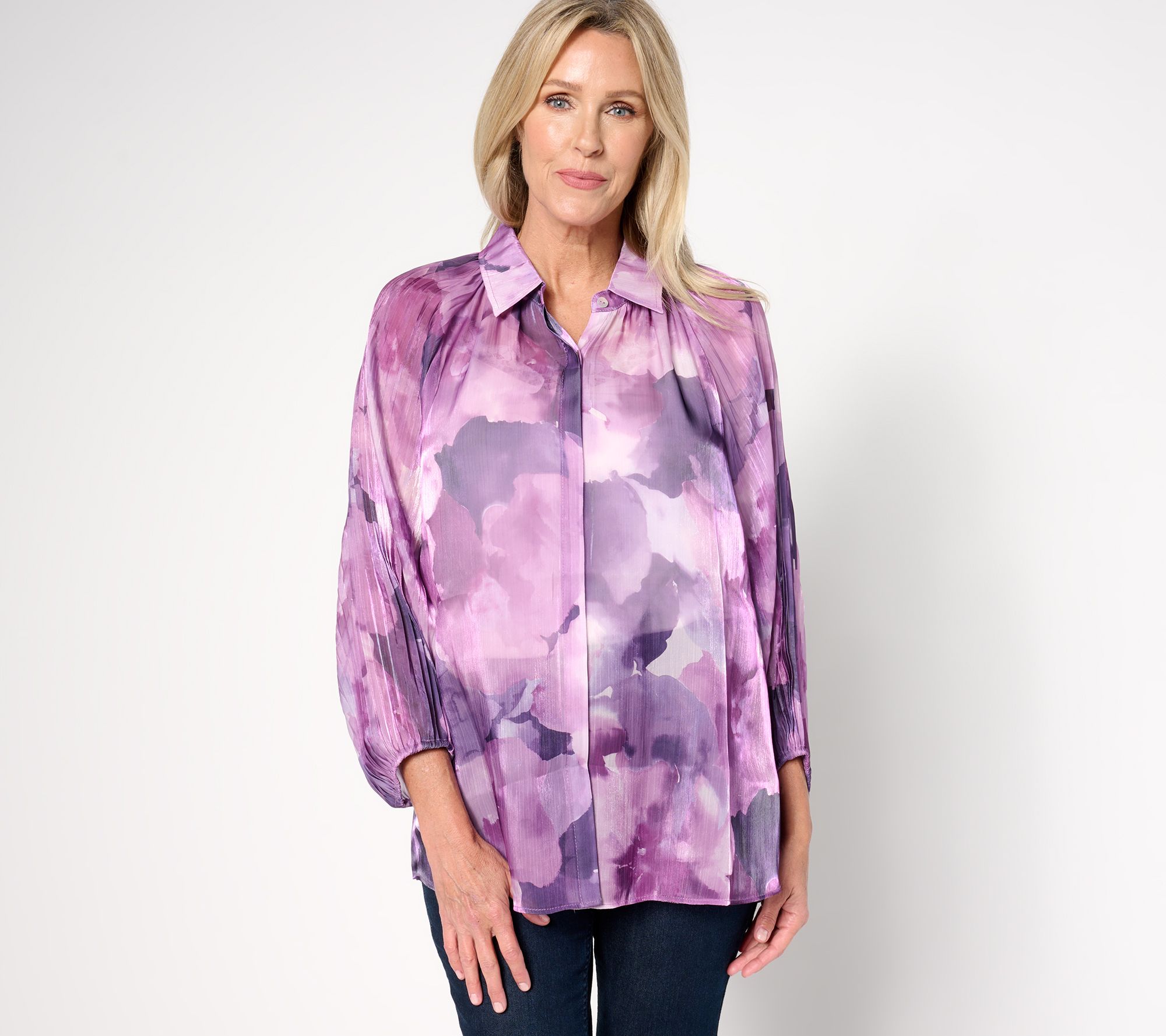 "As Is" Susan Graver Petite Occasions Printed Sheer Woven Tunic