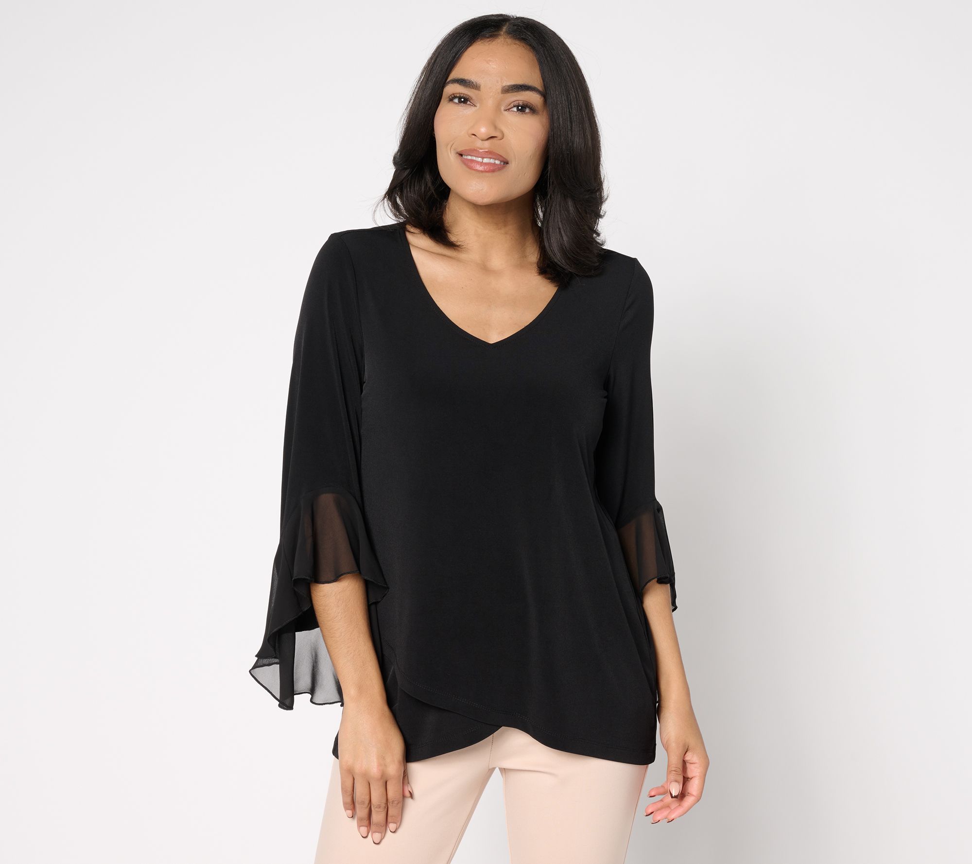 "As Is" Susan Graver Petite Liquid Knit Tunic with Ruffle Sleeves