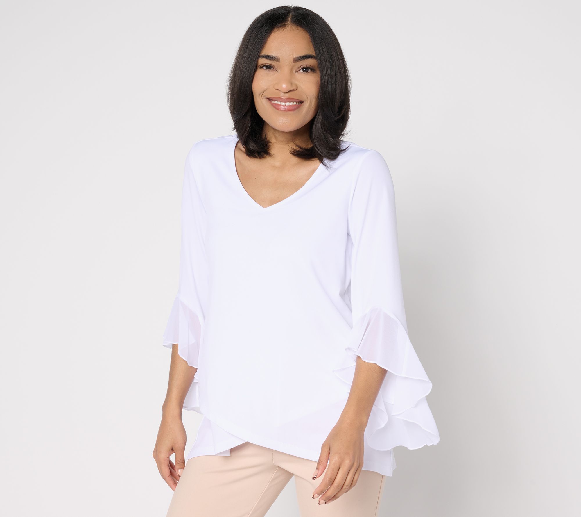 "As Is" Susan Graver Petite Liquid Knit Tunic with Ruffle Sleeves