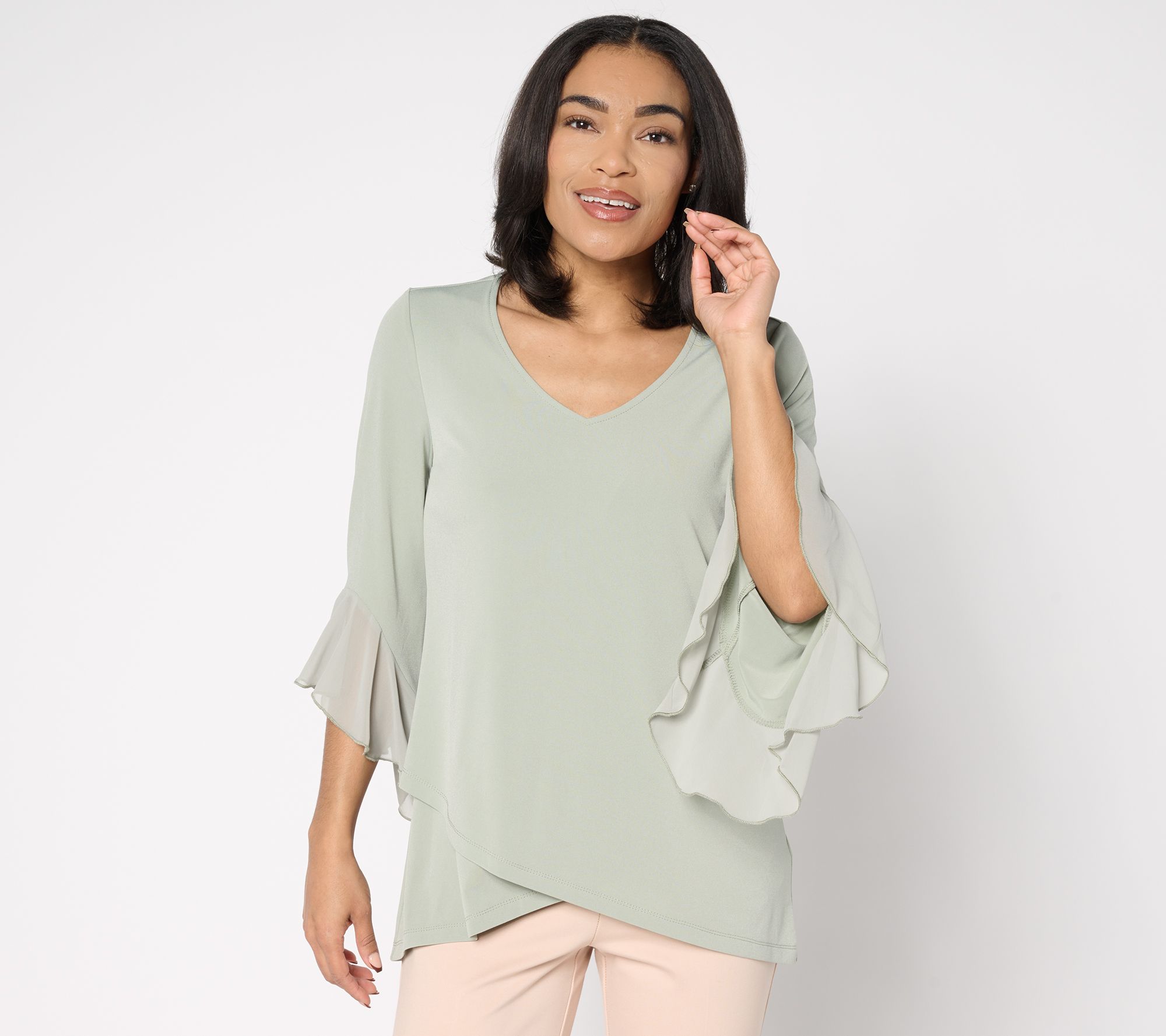 "As Is" Susan Graver Petite Liquid Knit Tunic with Ruffle Sleeves